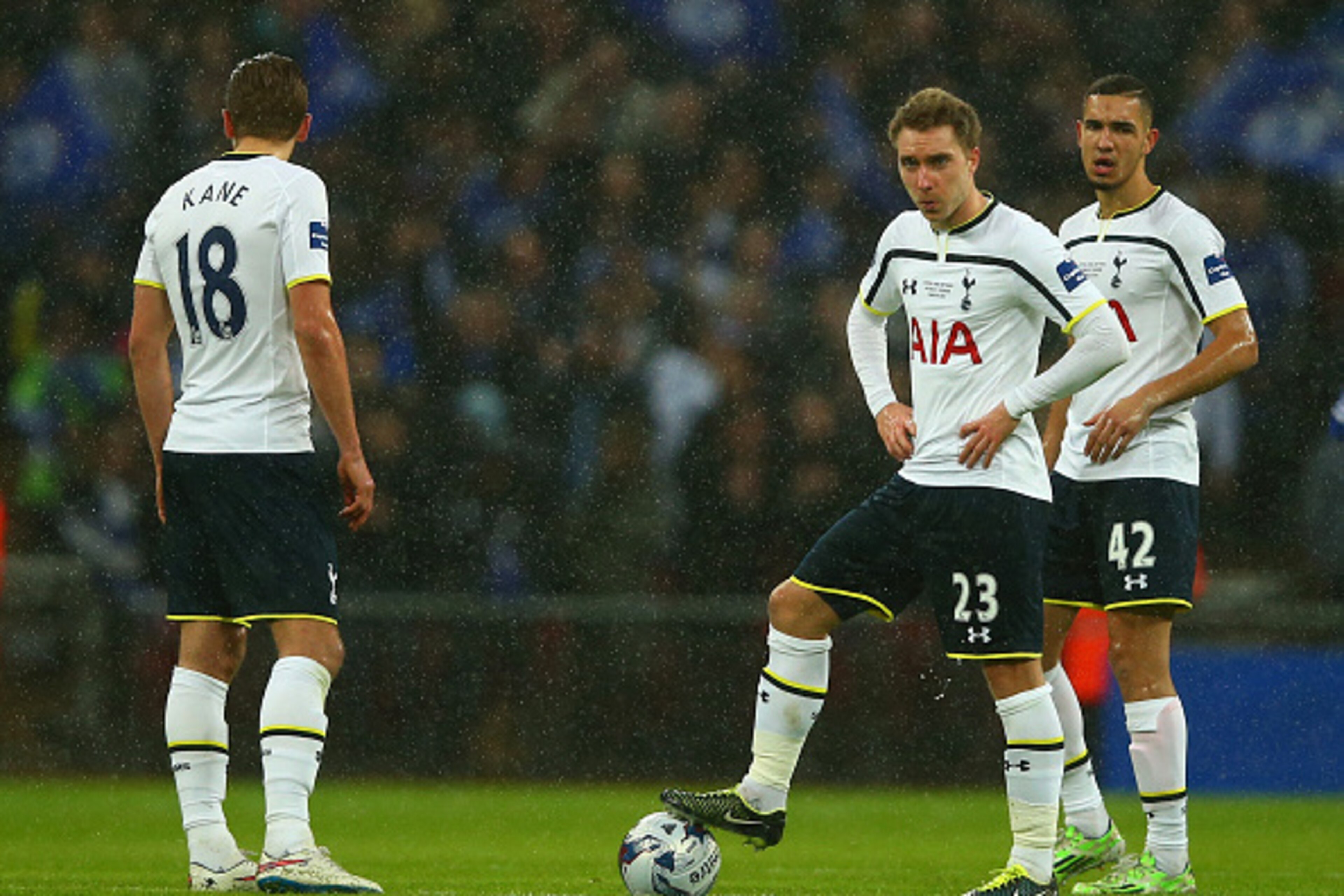 LONDON, ENGLAND - MARCH 01:  Dejected Harry Kane, Christian Eriksen and Nabil Bentaleb of Spurs look on during the Capital One Cup Final match between Chelsea and Tottenham Hotspur at Wembley Stadium on March 1, 2015 in London, England.  (Photo by Clive R