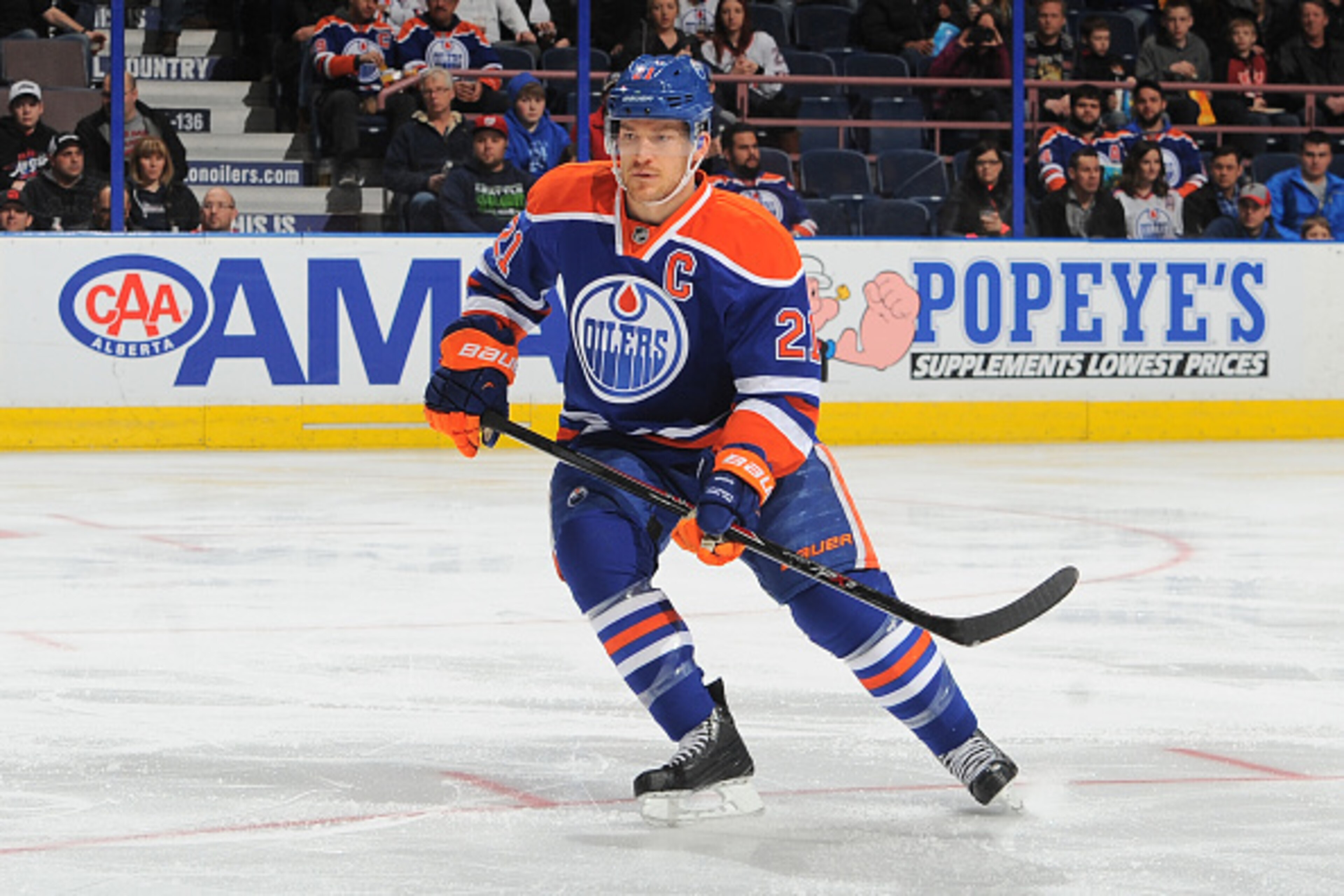 EDMONTON, AB - FEBRUARY 28: Andrew Ference #21 of the Edmonton Oilers skates on the ice during the game against the St. Louis Blues on February 28, 2015 at Rexall Place in Edmonton, Alberta, Canada. (Photo by Andy Devlin/NHLI via Getty Images)