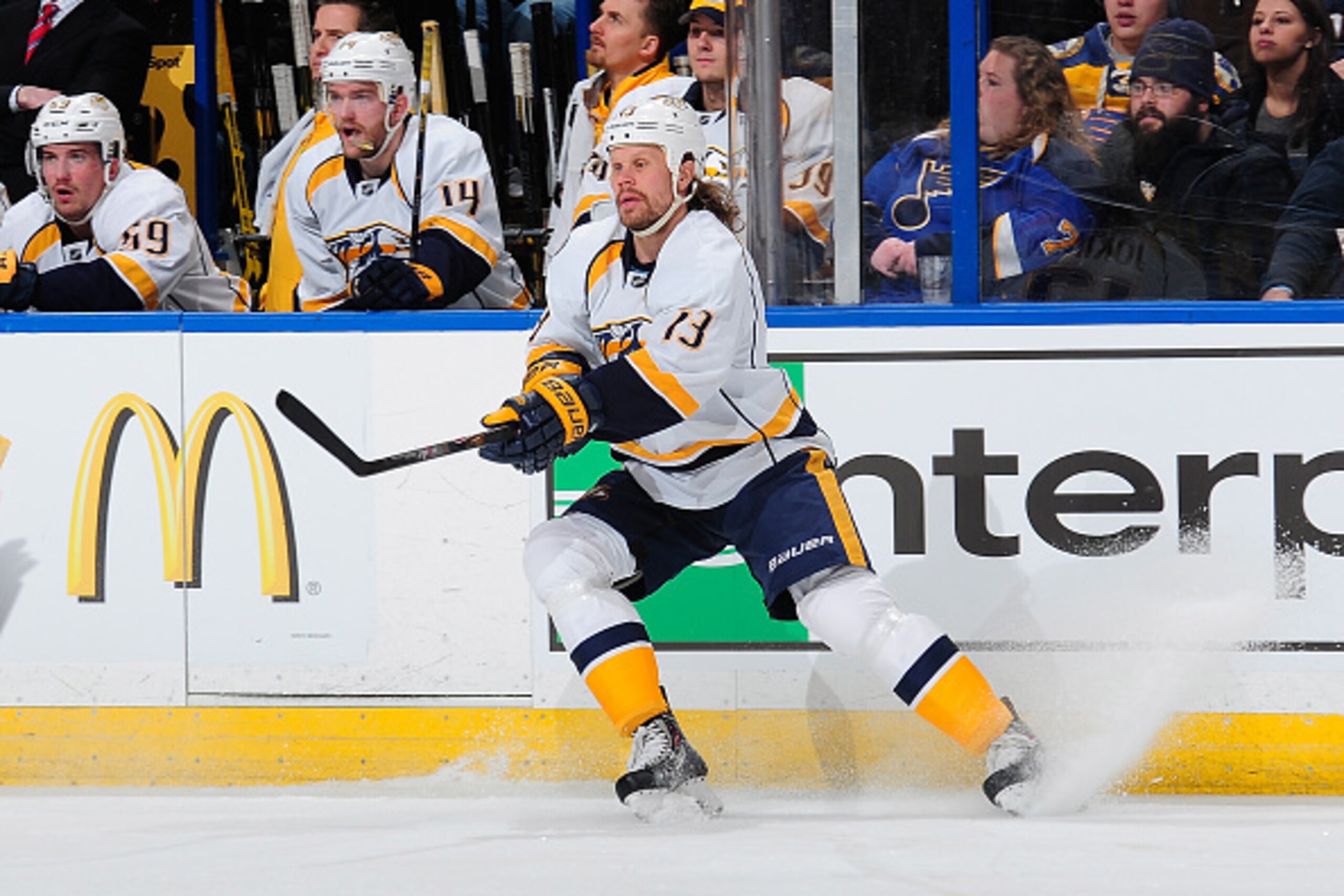 ST. LOUIS, MO - JANUARY 29: Olli Jokinen #13 of the Nashville Predators skates against the St. Louis Blues on January 29, 2015 at Scottrade Center in St. Louis, Missouri. (Photo by Jeff Curry/NHLI via Getty Images) ST. LOUIS, MO - JANUARY 29: Olli Jokinen #13 of the Nashville Predators skates against the St. Louis Blues on January 29, 2015 at Scottrade Center in St. Louis, Missouri. (Photo by Jeff Curry/NHLI via Getty Images)