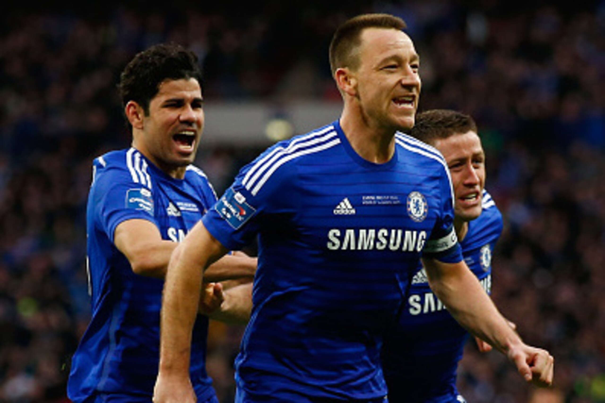 LONDON, ENGLAND - MARCH 01:  John Terry of Chelsea (C) celebrates scoring the opening goal with Diego Costa and Gary Cahill of Chelsea during the Capital One Cup Final match between Chelsea and Tottenham Hotspur at Wembley Stadium on March 1, 2015 in Lond