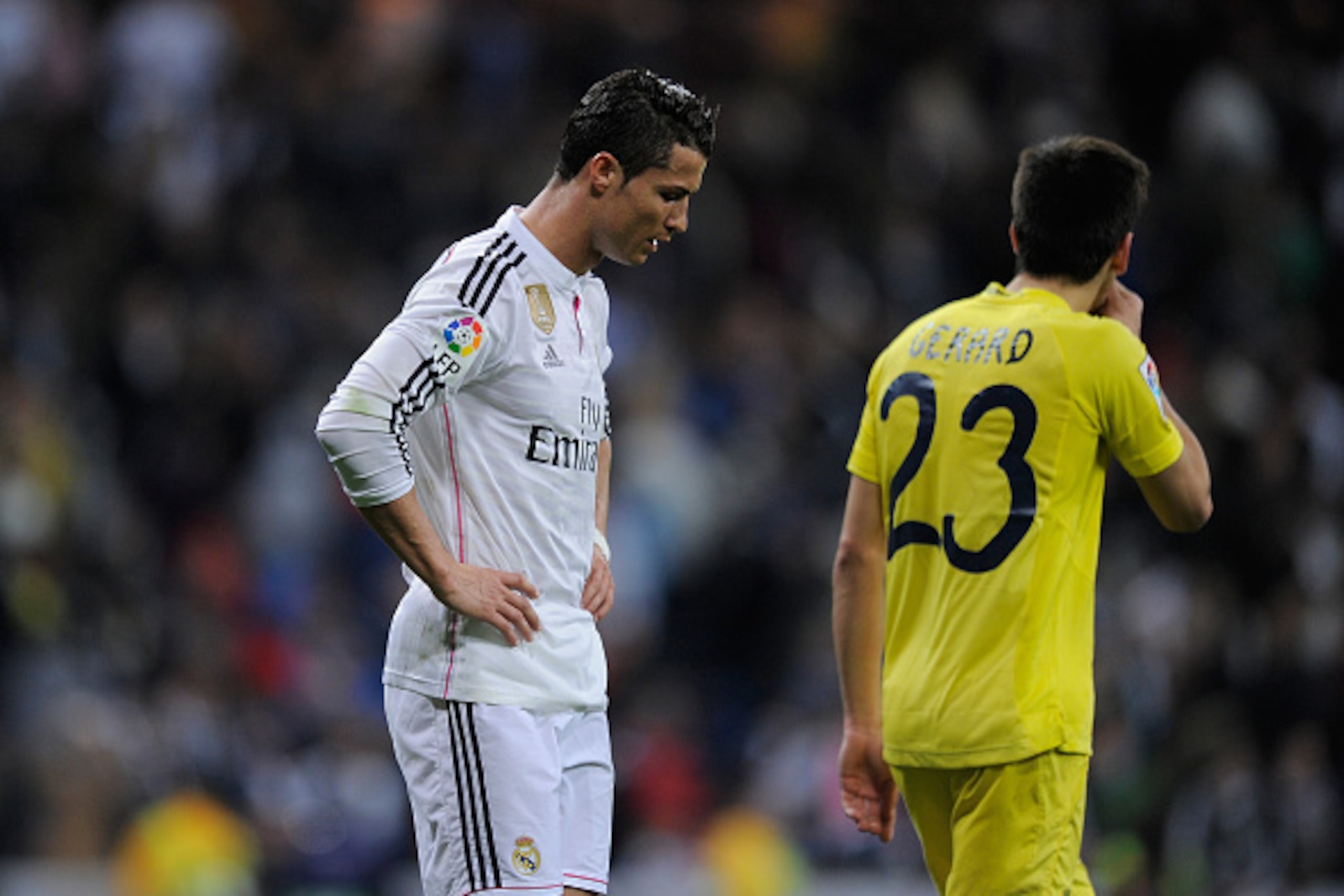 MADRID, SPAIN - MARCH 01: Cristiano Ronaldo of Real Madrid reacts after Real drew 1-1 with Villarreal during the La Liga match between Real Madrid and Villarreal at Estadio Santiago Bernabeu on March 1, 2015 in Madrid, Spain. (Photo by Denis Doyle/Getty MADRID, SPAIN - MARCH 01: Cristiano Ronaldo of Real Madrid reacts after Real drew 1-1 with Villarreal during the La Liga match between Real Madrid and Villarreal at Estadio Santiago Bernabeu on March 1, 2015 in Madrid, Spain. (Photo by Denis Doyle/Getty