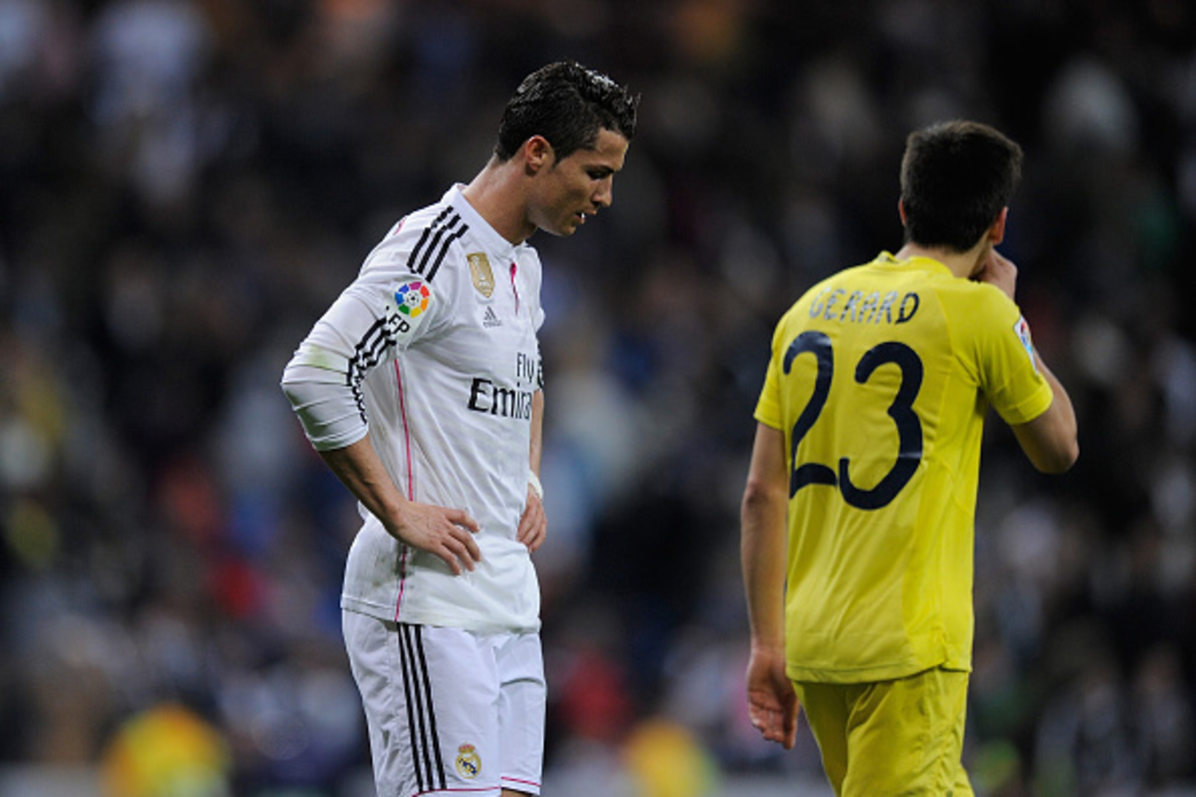 MADRID, SPAIN - MARCH 01:  Cristiano Ronaldo of Real Madrid reacts after Real drew 1-1 with Villarreal during the La Liga match between Real Madrid and Villarreal at Estadio Santiago Bernabeu on March 1, 2015 in Madrid, Spain.  (Photo by Denis Doyle/Getty