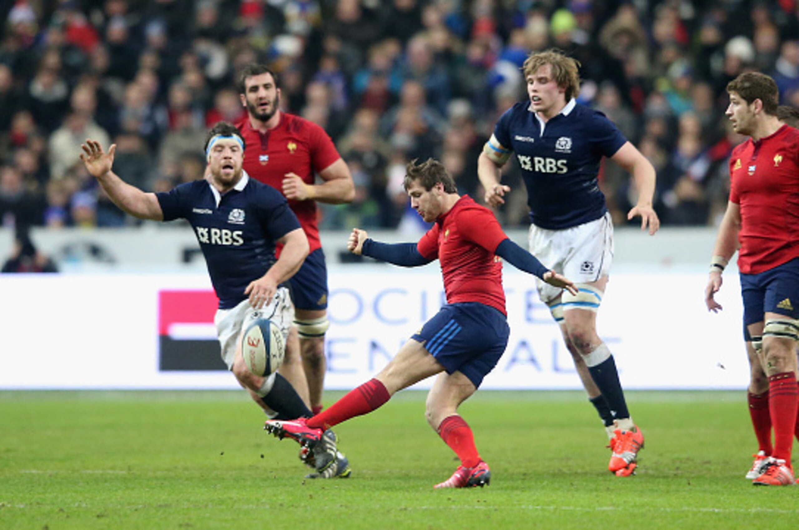 PARIS, FRANCE - FEBRUARY 07:  Camille Lopez, the France standoff, kicks the ball upfield during the RBS Six Nations match between France and Scotland at Stade de France on February 7, 2015 in Paris, France.  (Photo by David Rogers/Getty Images)