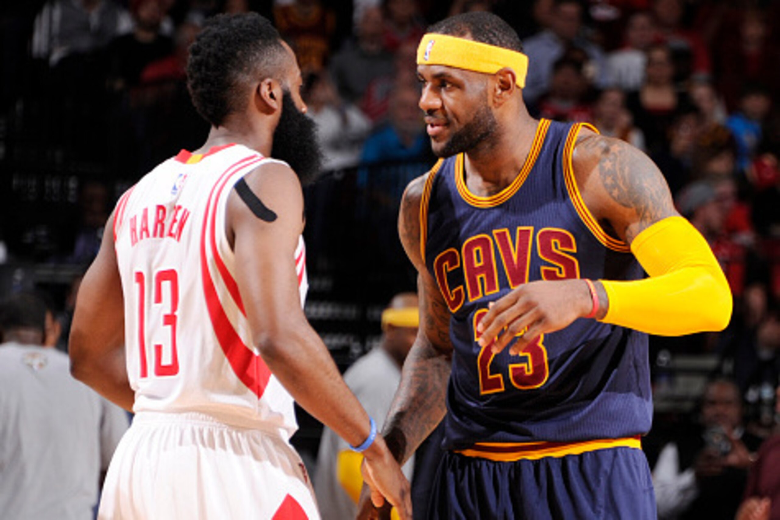HOUSTON, TX - MARCH 1: LeBron James #23 of the Cleveland Cavaliers and James Harden #13 of the Houston Rockets before the game on March 1, 2015 at the Toyota Center in Houston, Texas. NOTE TO USER: User expressly acknowledges and agrees that, by downloadi