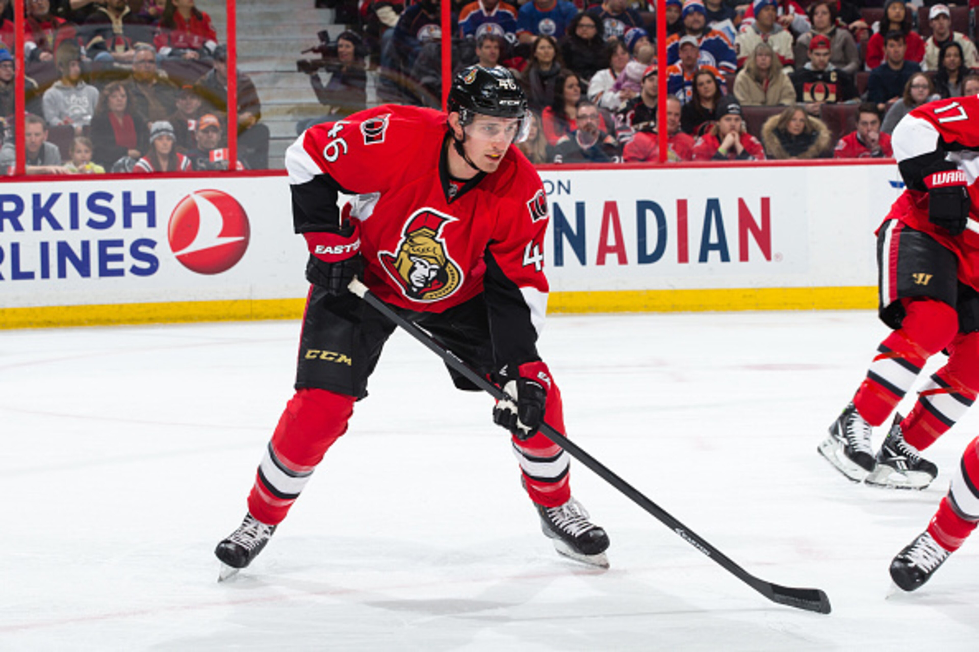 OTTAWA, ON - FEBRUARY 14: Patrick Wiercioch #46 of the Ottawa Senators prepares for a faceoff against the Edmonton Oilers at Canadian Tire Centre on February 14, 2015 in Ottawa, Ontario, Canada. (Photo by Jana Chytilova/Freestyle Photography/Getty Images OTTAWA, ON - FEBRUARY 14: Patrick Wiercioch #46 of the Ottawa Senators prepares for a faceoff against the Edmonton Oilers at Canadian Tire Centre on February 14, 2015 in Ottawa, Ontario, Canada. (Photo by Jana Chytilova/Freestyle Photography/Getty Images