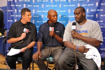 TARRYTOWN, NY - SEPTEMBER 28: Rick Kamla, Greg Anthony, and Anthony Mason talk during the practice of the New York Knicks on September 28, 2010 at the MSG Training Facility in Tarrytown, New York. NOTE TO USER: User expressly acknowledges and agrees that,