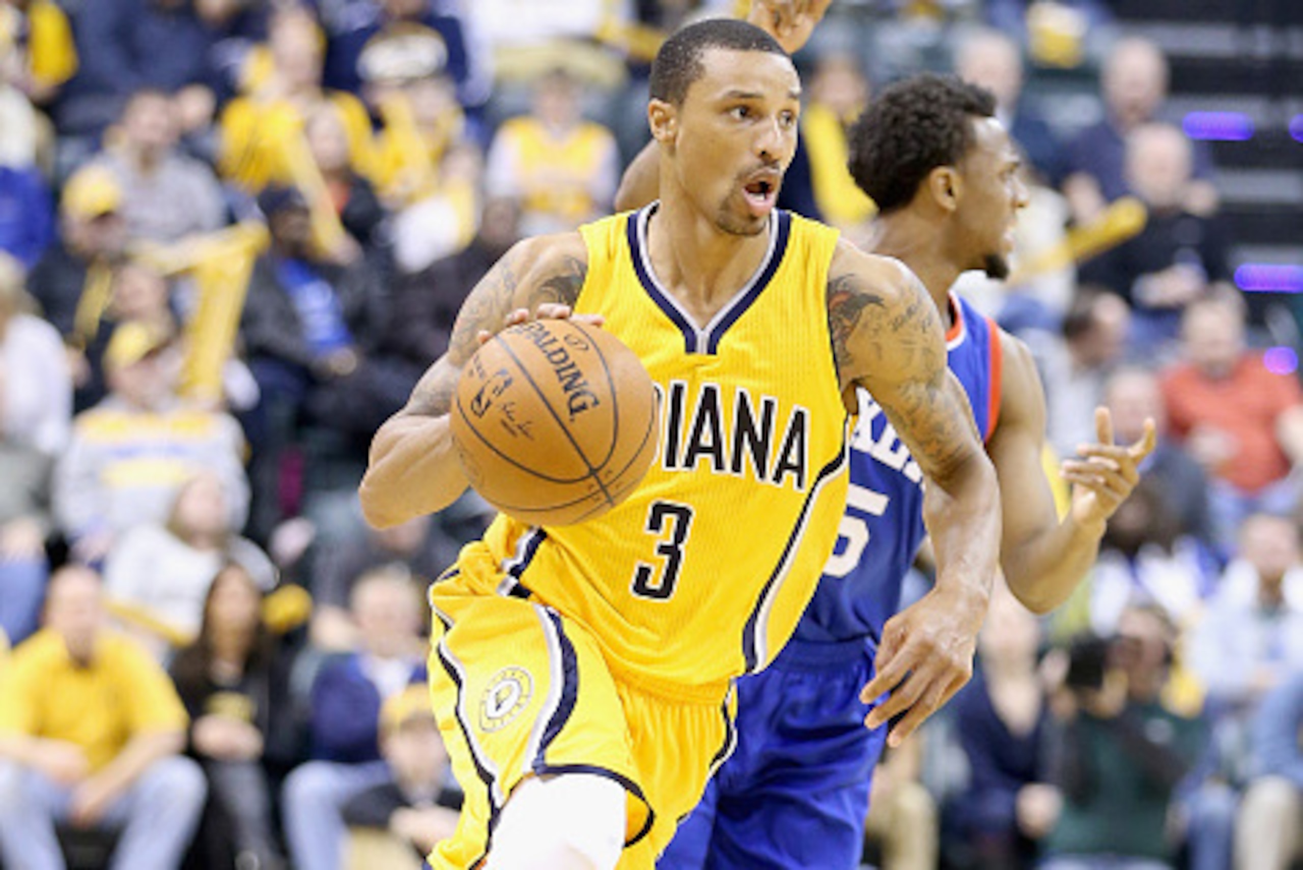 INDIANAPOLIS, IN - MARCH 01:  George Hill #3 of the Indiana Pacers dribbles the ball during the game against the Philadelphia 76ers at Bankers Life Fieldhouse on March 1, 2015 in Indianapolis, Indiana.
NOTE TO USER: User expressly acknowledges and agrees 
