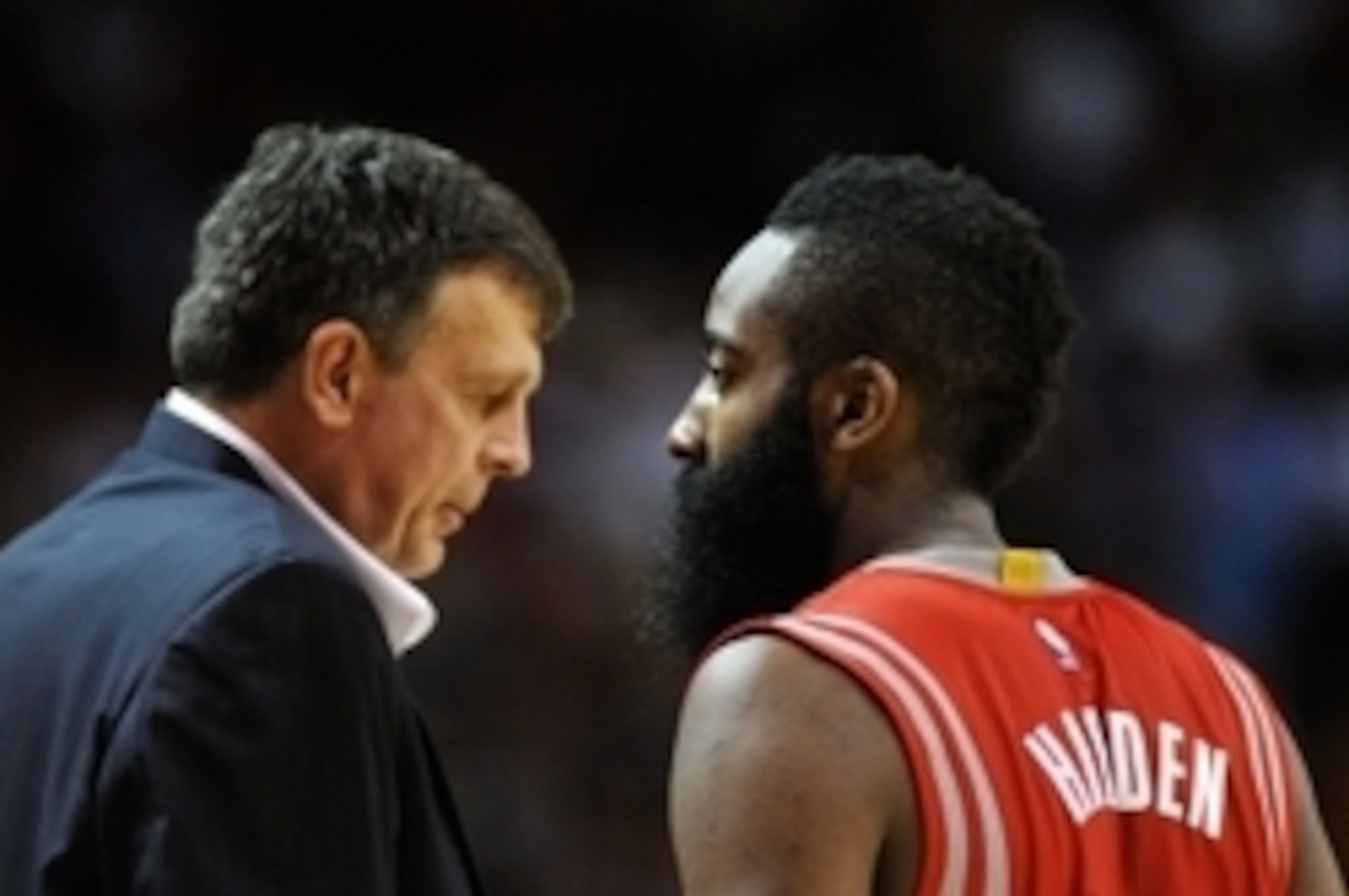 Nov 4, 2014; Miami, FL, USA; Houston Rockets guard James Harden (13) talks with Houston Rockets head coach Kevin McHale (left) during the second half against the Miami Heat at American Airlines Arena. The Rockets won 108-91. Mandatory Credit: Steve Mitche