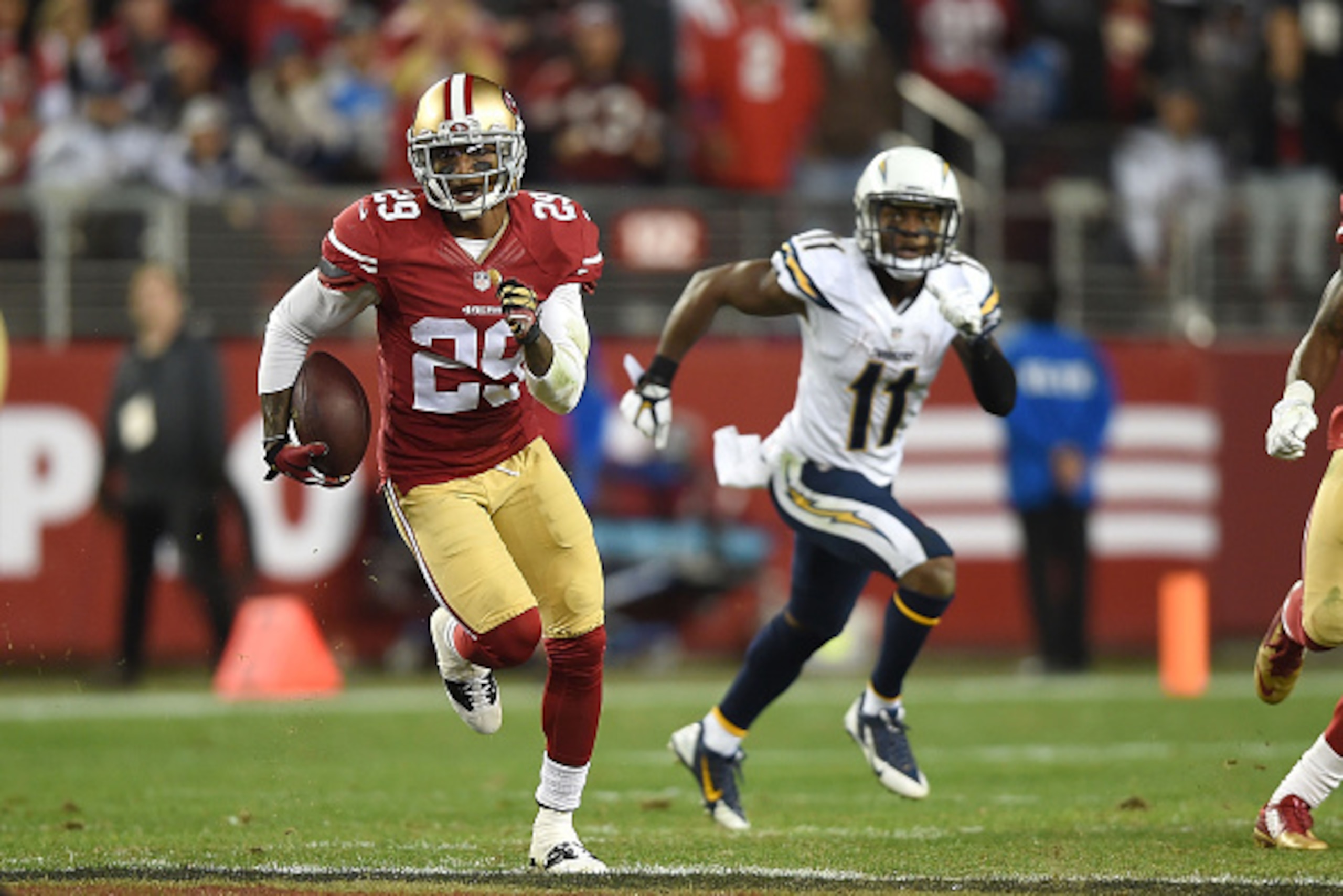 SANTA CLARA, CA - DECEMBER 20:  Chris Culliver #29 of the San Francisco 49ers makes a 24 yard interception in the second half against the San Diego Chargers at Levi's Stadium on December 20, 2014 in Santa Clara, California.  (Photo by Thearon W. Henderson