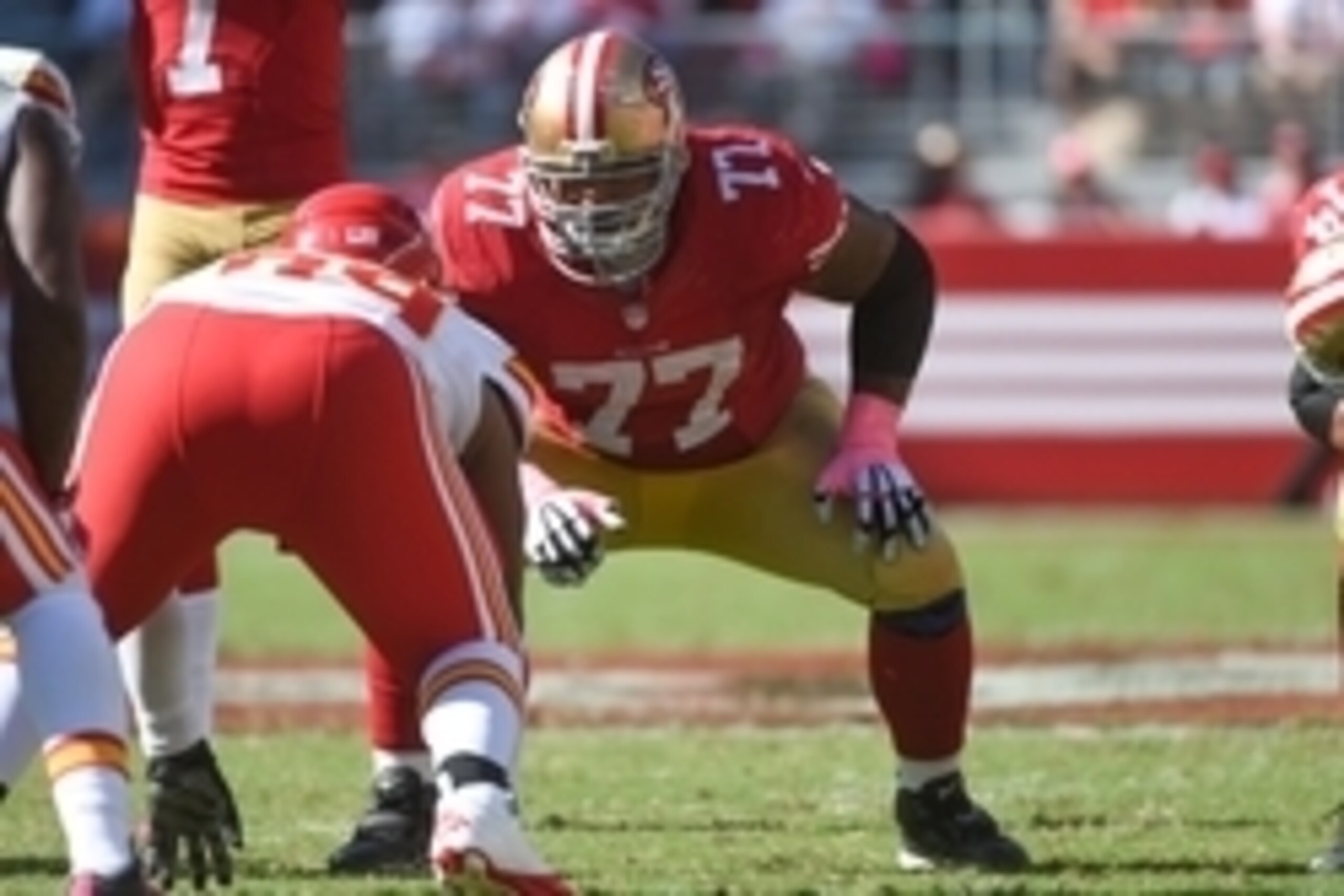 October 5, 2014; Santa Clara, CA, USA; San Francisco 49ers guard Mike Iupati (77) lines up during the third quarter against the Kansas City Chiefs at Levi's Stadium. The 49ers defeated the Chiefs 22-17. Mandatory Credit: Kyle Terada-USA TODAY Sports