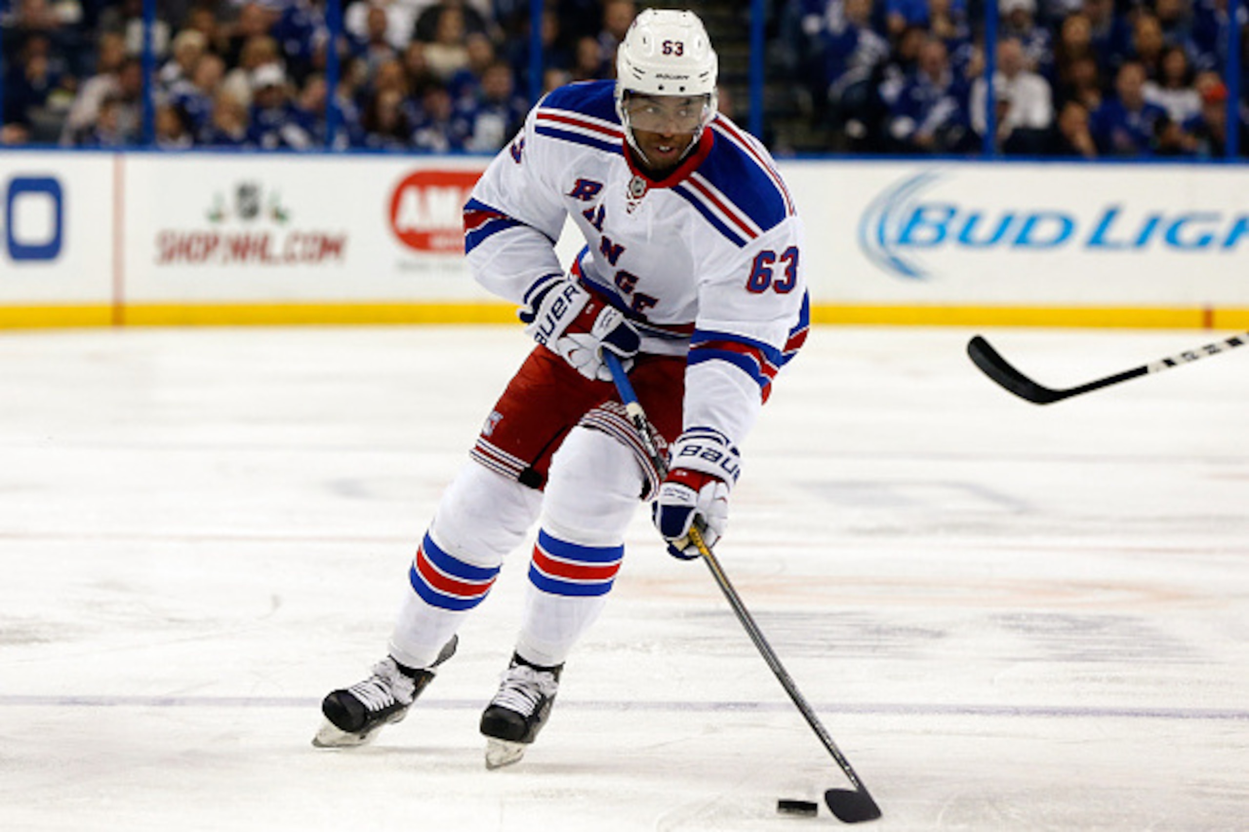 TAMPA, FL - NOVEMBER 26:  Anthony Duclair #63 of the New York Rangers against the Tampa Bay Lightning at the Amalie Arena on November 26, 2014 in Tampa, Florida. (Photo by Mike Carlson/Getty Images)