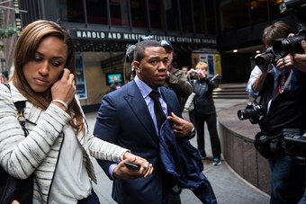 NEW YORK, NY - NOVEMBER 05: Suspended Baltimore Ravens football player Ray Rice (R) and his wife Janay Palmer arrive for a hearing on November 5, 2014 in New York City. Rice is fighting his suspension after being caught beating his wife in an Atlantic Cit