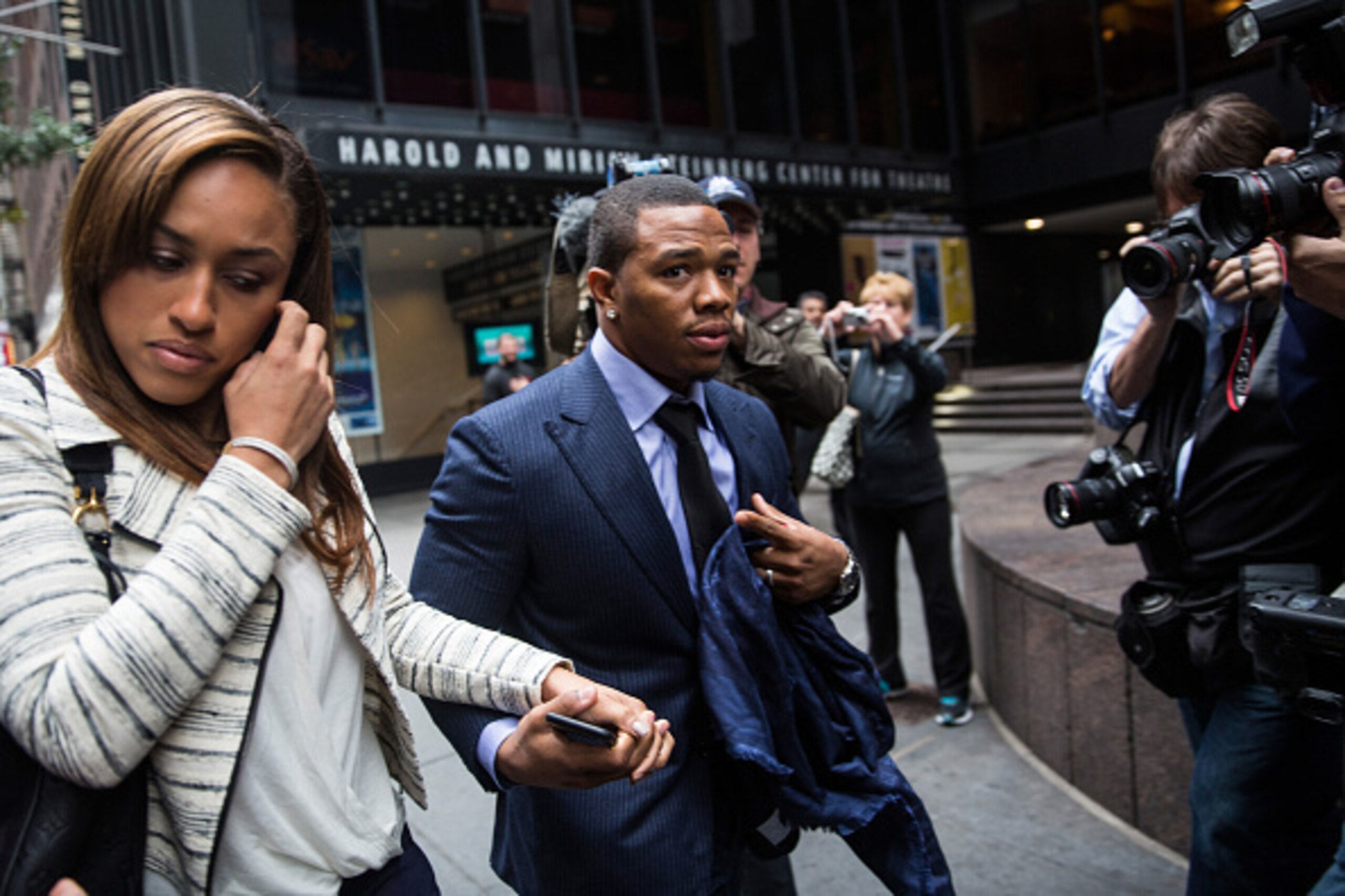 NEW YORK, NY - NOVEMBER 05: Suspended Baltimore Ravens football player Ray Rice (R) and his wife Janay Palmer arrive for a hearing on November 5, 2014 in New York City. Rice is fighting his suspension after being caught beating his wife in an Atlantic Cit NEW YORK, NY - NOVEMBER 05: Suspended Baltimore Ravens football player Ray Rice (R) and his wife Janay Palmer arrive for a hearing on November 5, 2014 in New York City. Rice is fighting his suspension after being caught beating his wife in an Atlantic Cit