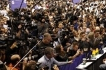 Jan 27, 2015; Phoenix, AZ, USA; Seattle Seahawks running back Marshawn Lynch sits at his podium during media day for Super Bowl XLIX at US Airways Center. Mandatory Credit: Matthew Emmons-USA TODAY Sports