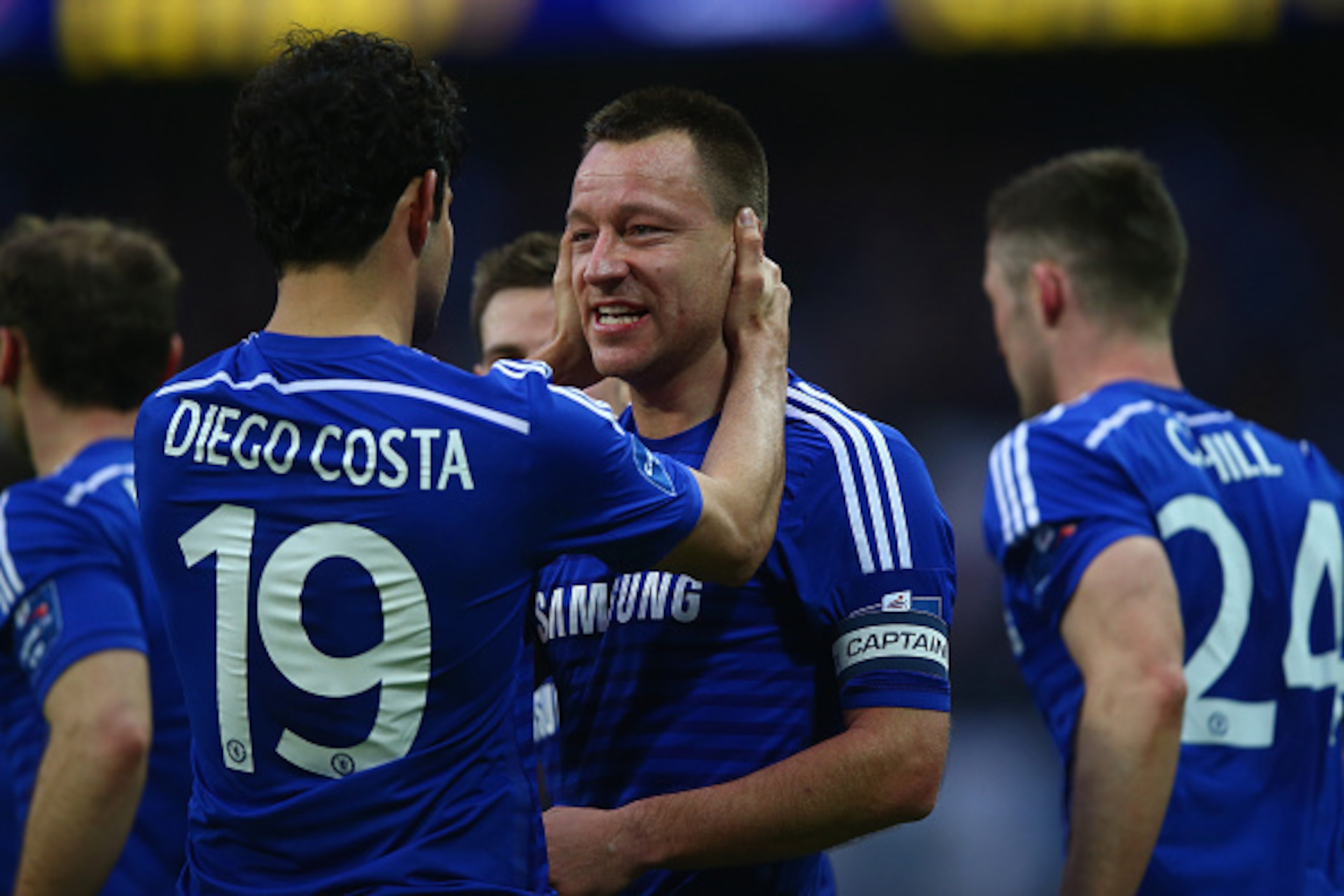 LONDON, ENGLAND - MARCH 01:  John Terry of Chelsea celebrates scoring the opening goalwith Diego Costa of Chelsea during the Capital One Cup Final match between Chelsea and Tottenham Hotspur at Wembley Stadium on March 1, 2015 in London, England.  (Photo 