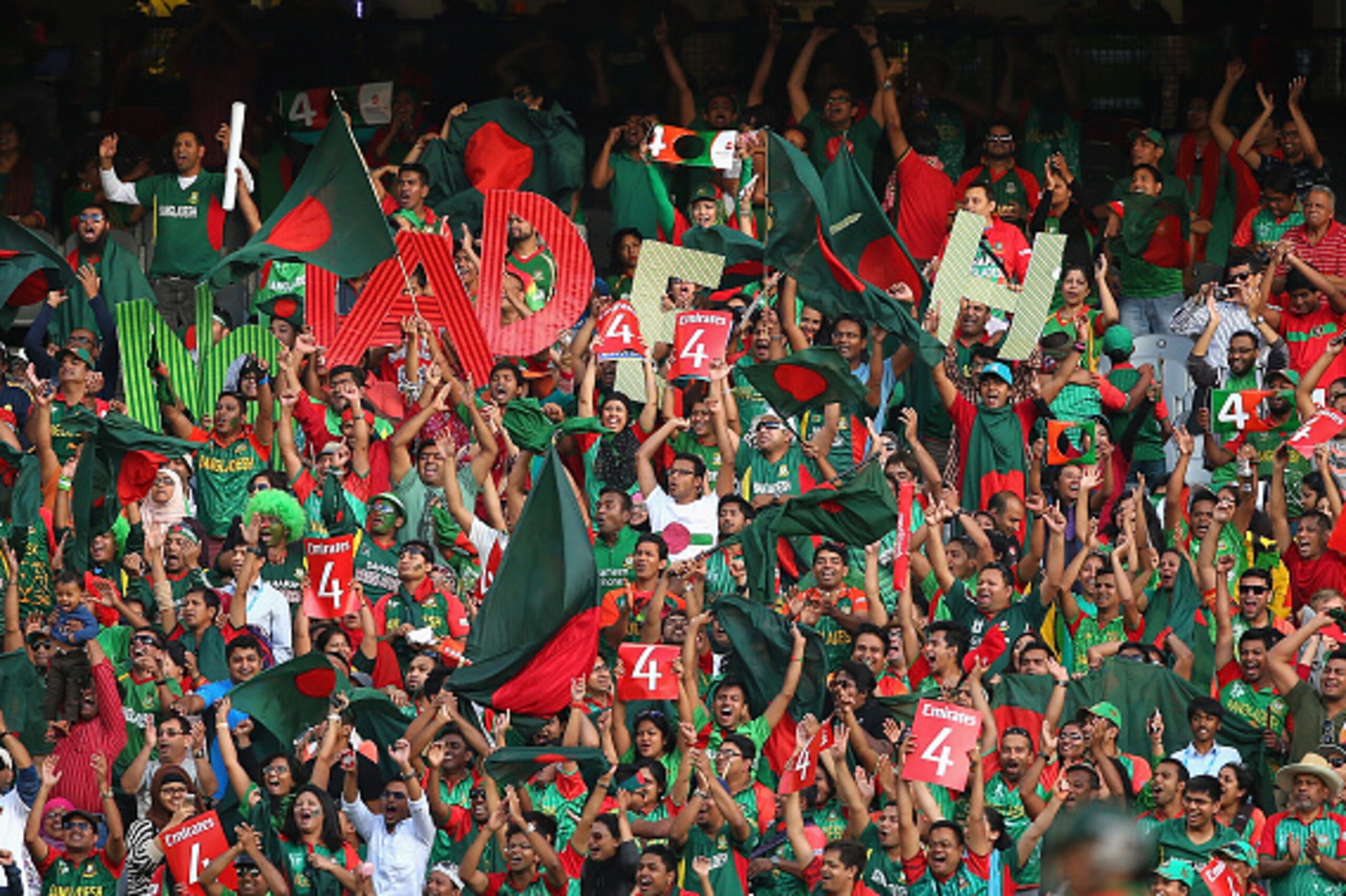 MELBOURNE, AUSTRALIA - FEBRUARY 26:  Bangladesh fans show their support during the 2015 ICC Cricket World Cup match between Sri Lanka and Bangladesh at Melbourne Cricket Ground on February 26, 2015 in Melbourne, Australia.  (Photo by Quinn Rooney/Getty Im