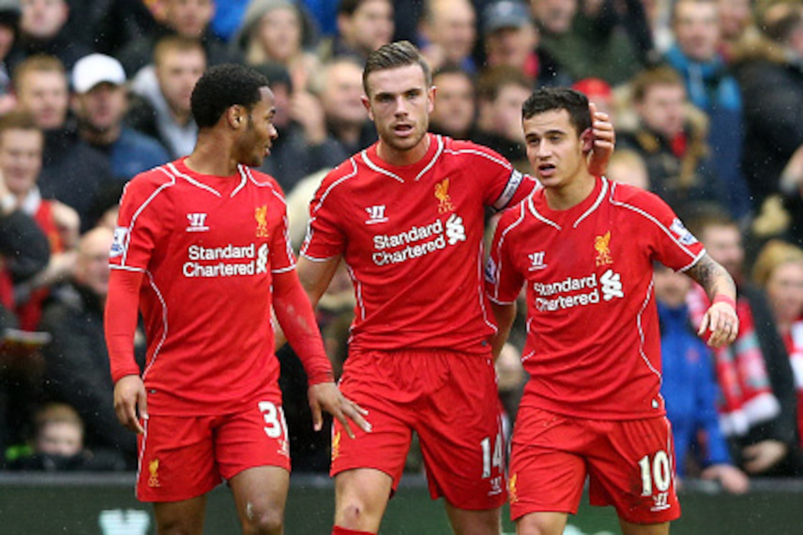 LIVERPOOL, ENGLAND - MARCH 01:  Philippe Coutinho #10 of Liverpool celebrates after scoring is team's second goal during the Barclays Premier League match between Liverpool and Manchester City at Anfield on March 1, 2015 in Liverpool, England.  (Photo by 