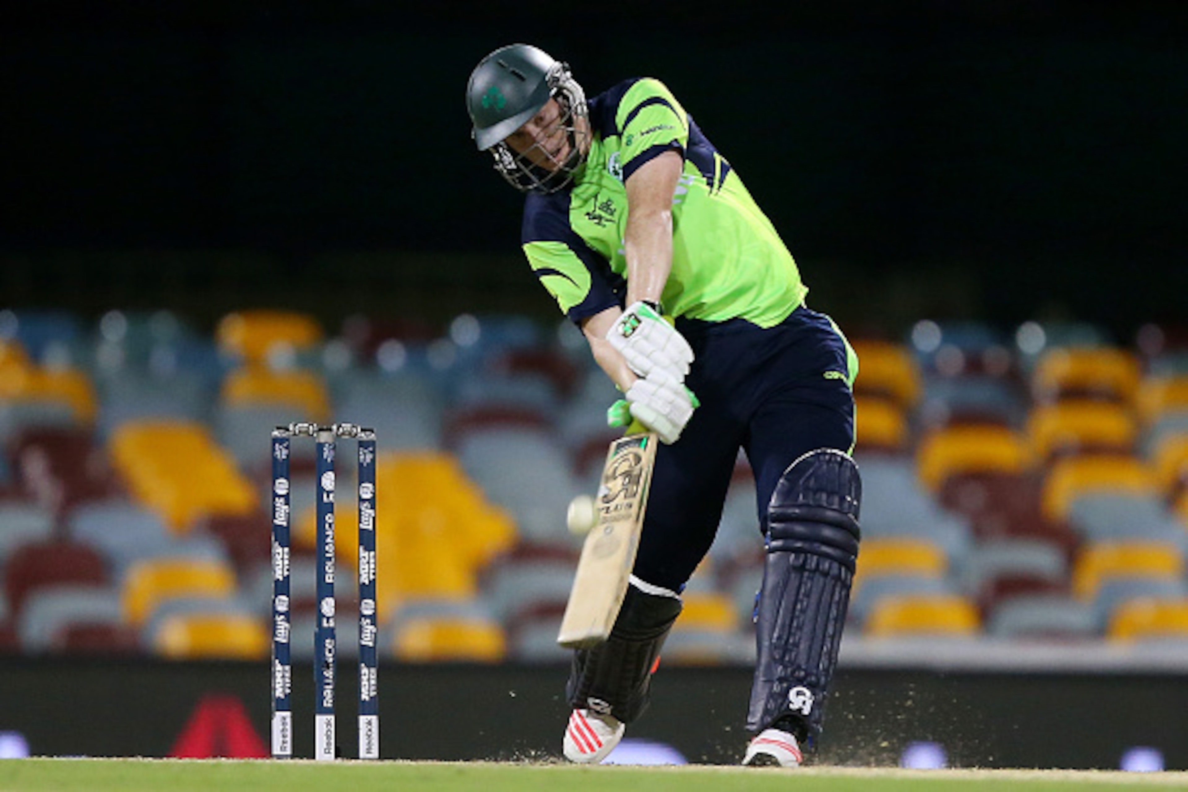 BRISBANE, AUSTRALIA - FEBRUARY 25:  Kevin O'Brien of Ireland bats during the 2015 ICC Cricket World Cup match between Ireland and the United Arab Emirates at The Gabba on February 25, 2015 in Brisbane, Australia.  (Photo by Chris Hyde/Getty Images)