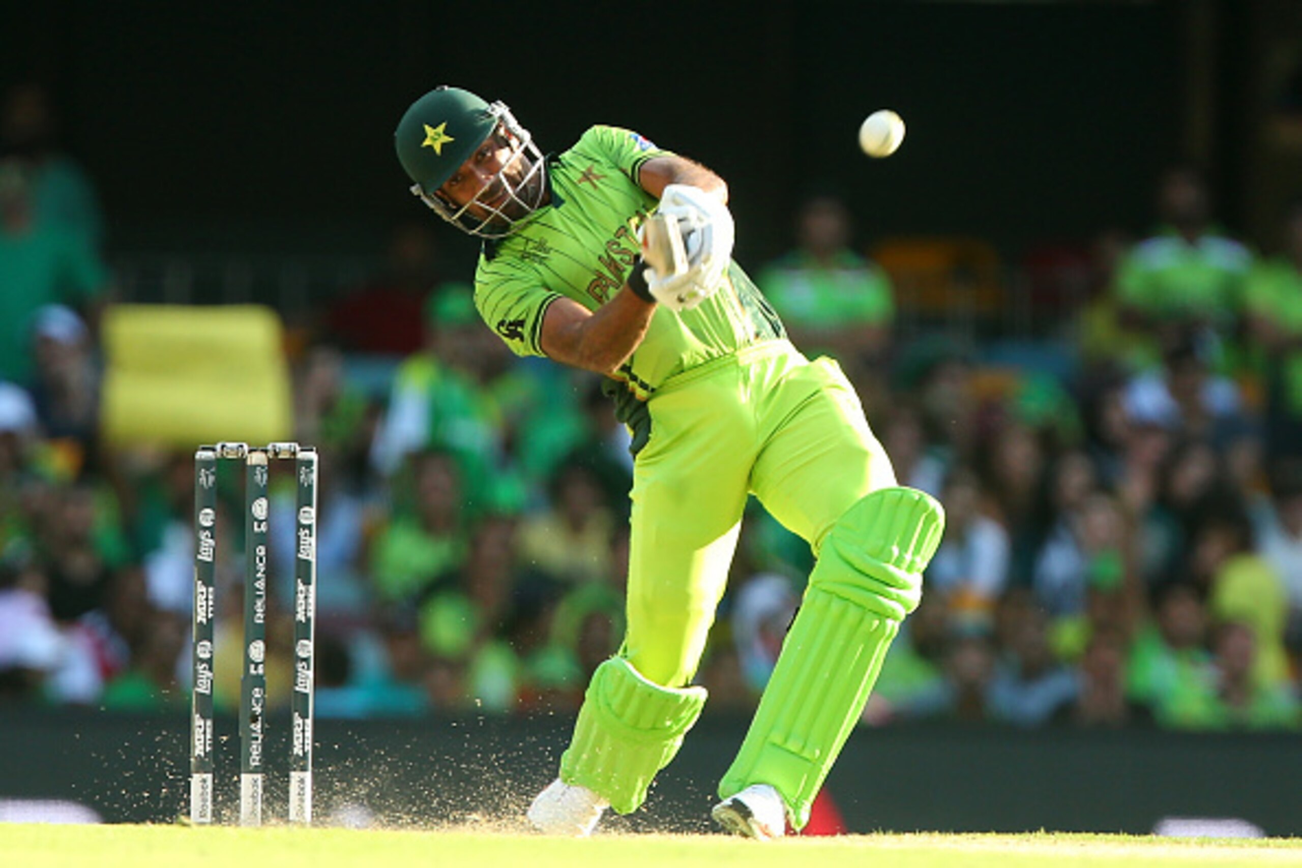 BRISBANE, AUSTRALIA - MARCH 01:  Wahab Riaz of Pakistan bats during the 2015 ICC Cricket World Cup match between Pakistan and Zimbabwe at The Gabba on March 1, 2015 in Brisbane, Australia.  (Photo by Chris Hyde/Getty Images)
