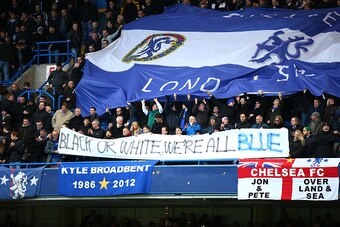 LONDON, ENGLAND - FEBRUARY 21:  Chelsea fans hold up an Anti Racism banner prior to kickoff during the Barclays Premier League match between Chelsea and Burnley at Stamford Bridge on February 21, 2015 in London, England.  (Photo by Paul Gilham/Getty Image