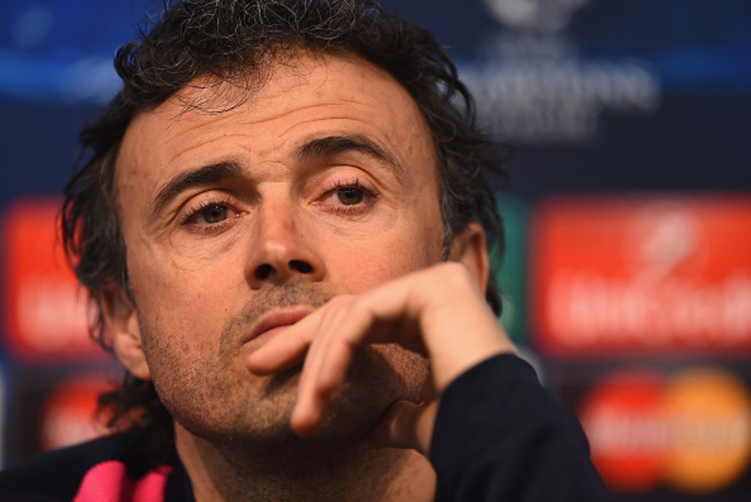 MANCHESTER, ENGLAND - FEBRUARY 23:  Manager Luis Enrique of Barcelona looks on during a Barcelona press conference ahead of the UEFA Champions League round of 16 first leg match against Manchester City at Etihad Stadium on February 23, 2015 in Manchester,