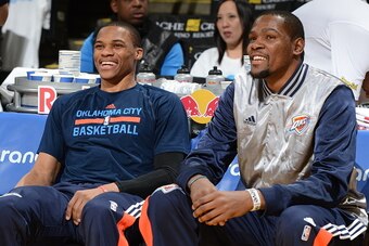OAKLAND, CA - JANUARY 5:  Russell Westbrook #0 and Kevin Durant #35 of the Oklahoma City Thunder before the game against the Golden State Warriors on January 5, 2015 at Oracle Arena in Oakland, California. NOTE TO USER: User expressly acknowledges and agr