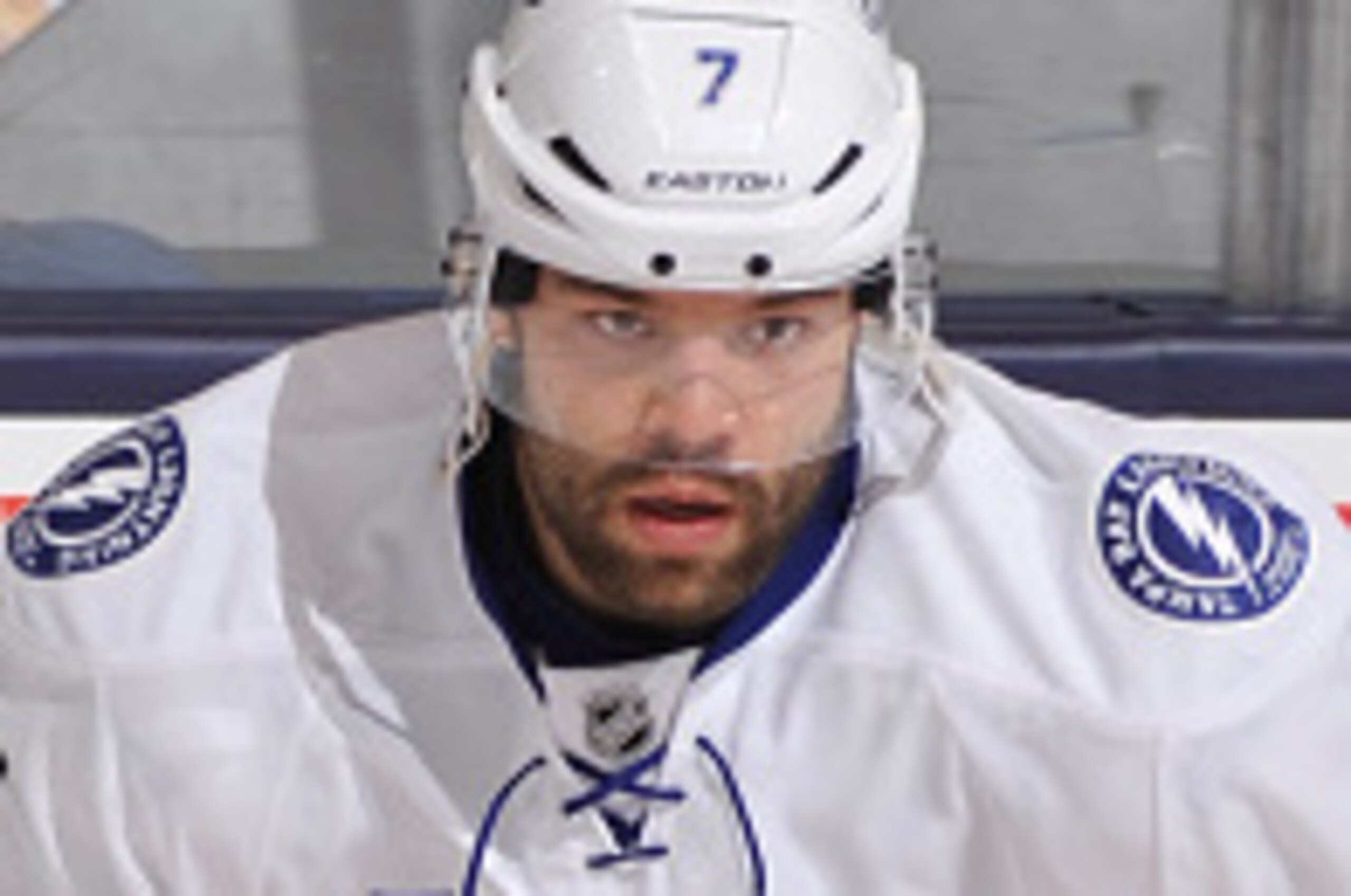 TORONTO, ON - NOVEMBER 20:  Radko Gudas #7 of the Tampa Bay Lightning skates during warm ups prior to NHL game action against the Toronto Maple Leafs November 20, 2014 at the Air Canada Centre in Toronto, Ontario, Canada. (Photo by Graig Abel/NHLI via Get