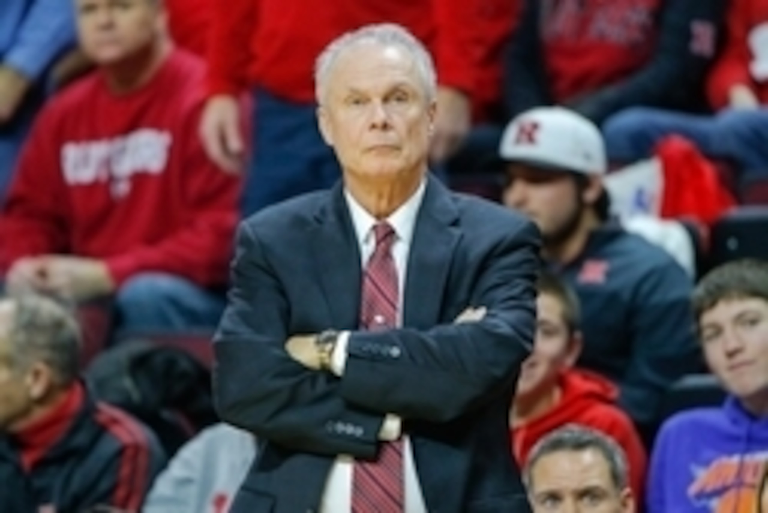 Jan 11, 2015; Piscataway, NJ, USA;  Wisconsin Badgers head coach Bo Ryan reacts as Rutgers Scarlet Knights upset Badgers at Louis Brown Athletic Center. Rutgers Scarlet Knights defeat Wisconsin Badgers 67-62. Mandatory Credit: Jim O'Connor-USA TODAY Sport