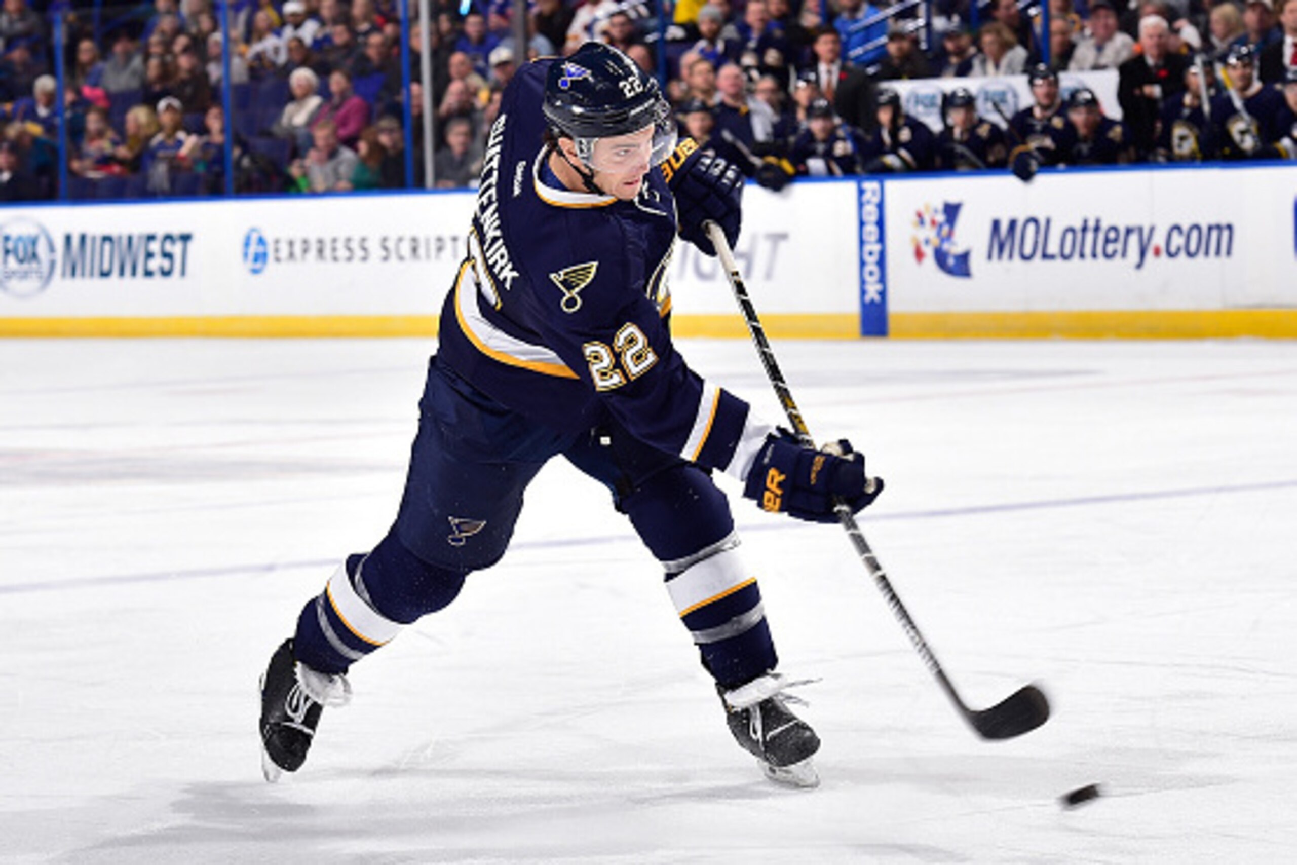 ST. LOUIS, MO - NOVEMBER 11: Kevin Shattenkirk #22 of the St. Louis Blues shoots against the Buffalo Sabres on November 11, 2014 at Scottrade Center in St. Louis, Missouri. (Photo by Scott Rovak/NHLI via Getty Images)