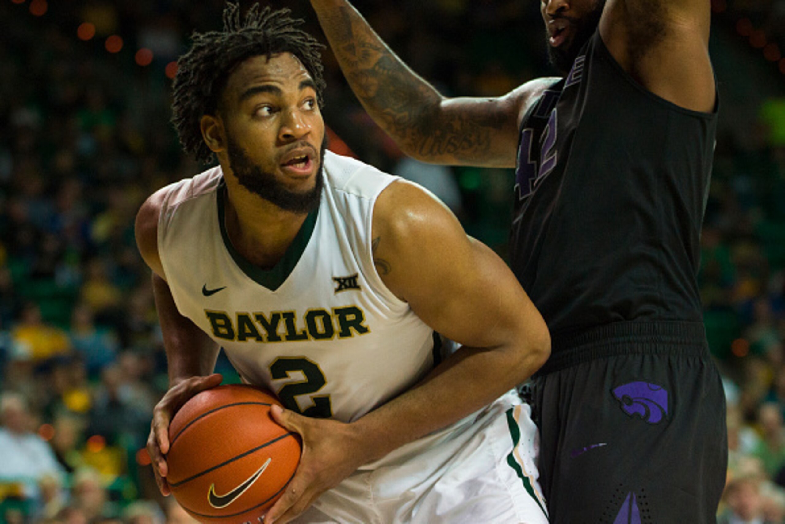 WACO, TX - FEBRUARY 21: Rico Gathers #2 of the Baylor Bears drives to the basket against Thomas Gipson #42 of the Kansas State Wildcats on February 21, 2015 at the Ferrell Center in Waco, Texas.  (Photo by Cooper Neill/Getty Images)
