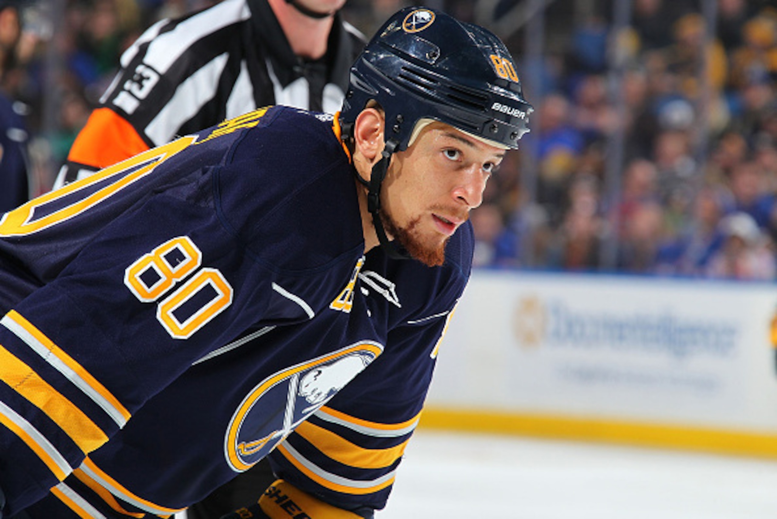 BUFFALO, NY - FEBRUARY 20: Chris Stewart #80 of the Buffalo Sabres prepares for a faceoff against the New York Rangers on February 20, 2015 at the First Niagara Center in Buffalo, New York.  (Photo by Bill Wippert/NHLI via Getty Images)