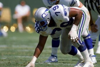 SAN DIEGO - SEPTEMBER 18:  Defensive end Jacob Green #79 of the Seattle Seahawks gets into his stance during the game against the San Diego Chargers at Jack Murphy Stadium on September 18, 1988 in San Diego, California. The Chargers defeated the Seahawks 