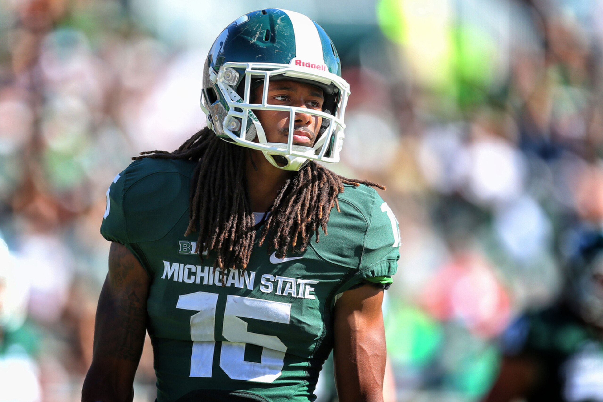Sep 27, 2014; East Lansing, MI, USA; Michigan State Spartans cornerback Trae Waynes (15) stands on field between plays during the 1st half of a game at Spartan Stadium. Mandatory Credit: Mike Carter-USA TODAY Sports