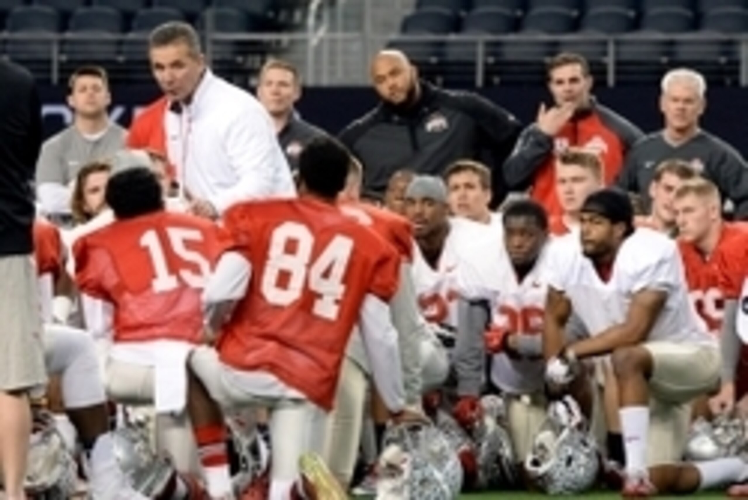 Jan 10, 2015; Arlington, TX, USA; Ohio State Buckeyes head coach Urban Meyer speaks to his team during practice in preparation for the CFP National Championship at AT&T Stadium. Mandatory Credit: Tommy Gilligan-USA TODAY Sports