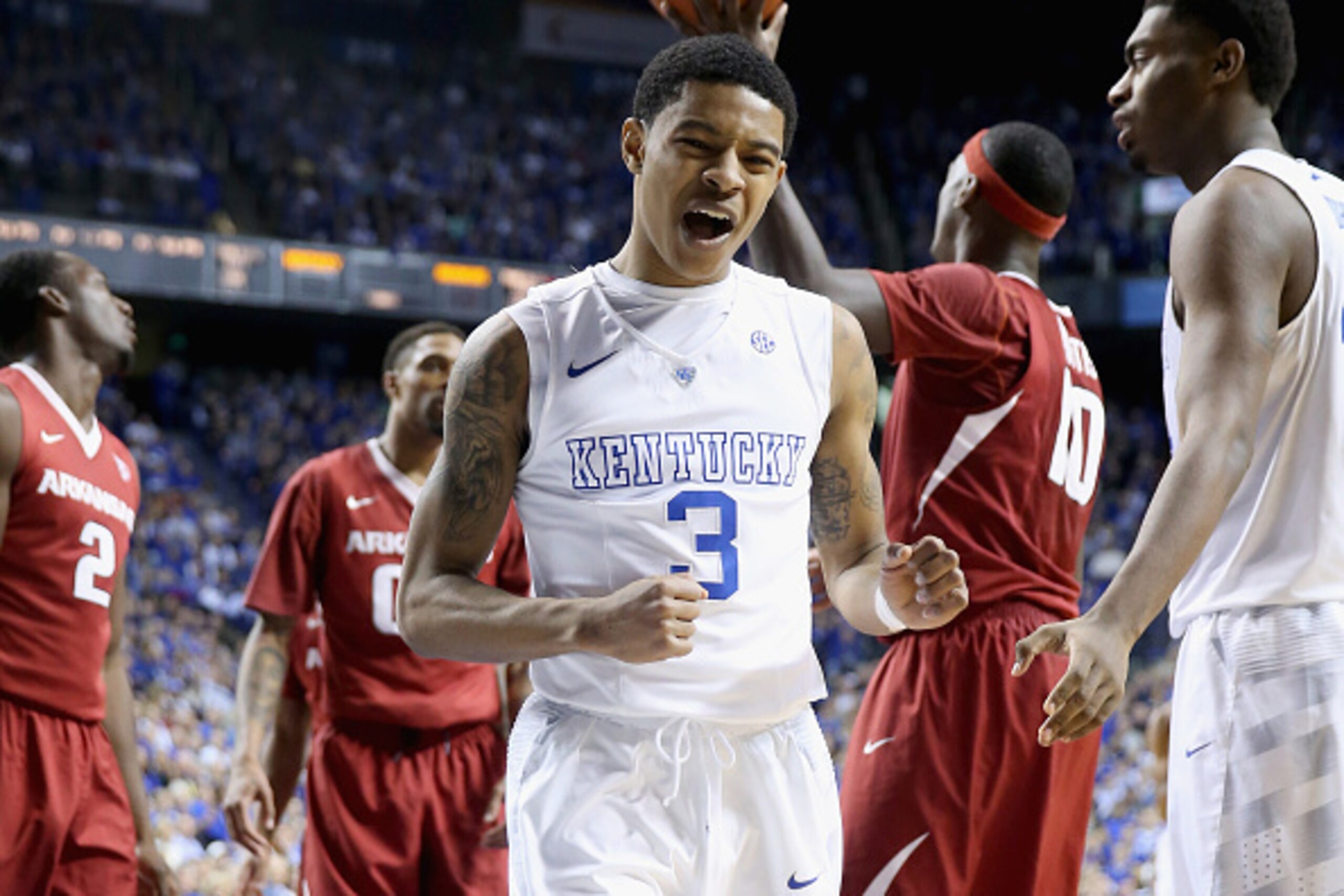 LEXINGTON, KY - FEBRUARY 28:  Tyler Ulis #3 of the Kentucky Wildcats celebrates during the game against the Arkansas Razorbacks at Rupp Arena on February 28, 2015 in Lexington, Kentucky.  (Photo by Andy Lyons/Getty Images)