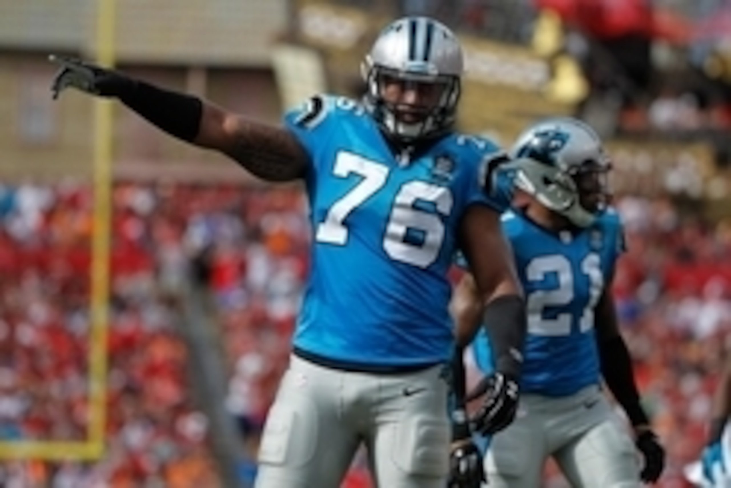 Sep 7, 2014; Tampa, FL, USA; Carolina Panthers defensive end Greg Hardy (76) during the first half against the Tampa Bay Buccaneers at Raymond James Stadium. Mandatory Credit: Kim Klement-USA TODAY Sports