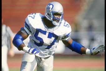 14 Oct 1990: Linebacker Tony Woods of the Seattle Seahawks moves down the field during a game against the Los Angeles Raiders at the Los Angeles Memorial Coliseum in Los Angeles, California. The Raiders won the game, 24-17.