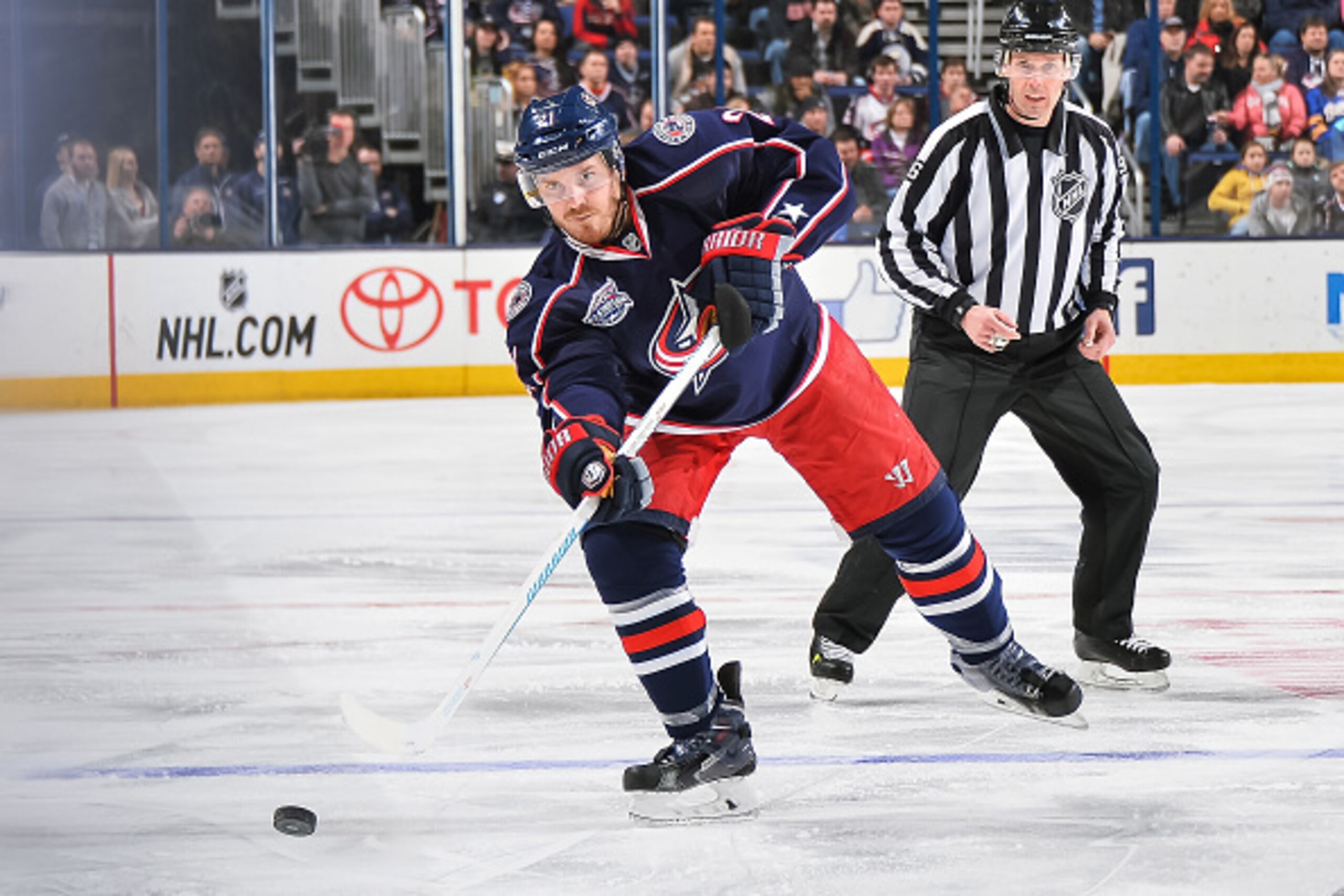 COLUMBUS, OH - FEBRUARY 24:   James Wisniewski #21 of the Columbus Blue Jackets skates against the Buffalo Sabres on February 24, 2015 at Nationwide Arena in Columbus, Ohio.  (Photo by Jamie Sabau/NHLI via Getty Images)