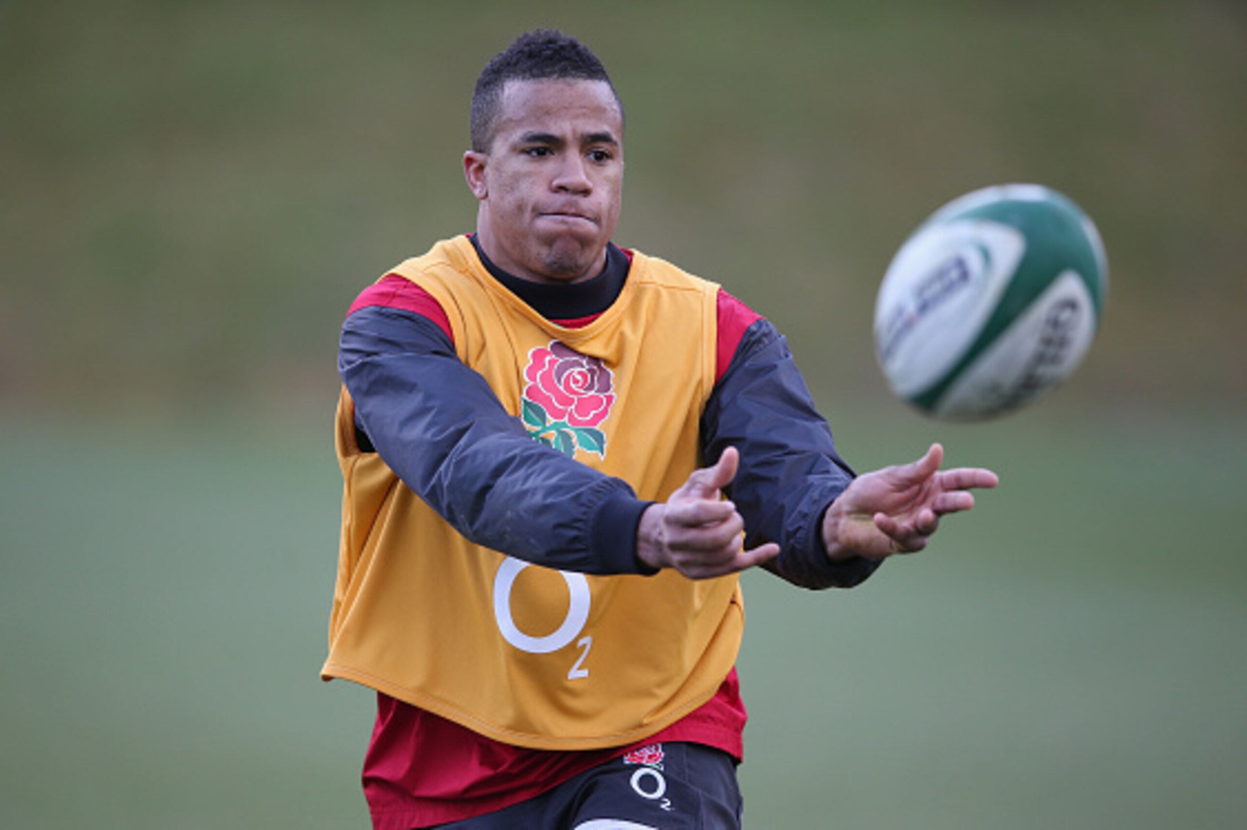 BAGSHOT, ENGLAND - FEBRUARY 24:  Anthony Watson runs with the ball during the England training session held at Pennyhill Park on February 24, 2015 in Bagshot, England.  (Photo by David Rogers/Getty Images)