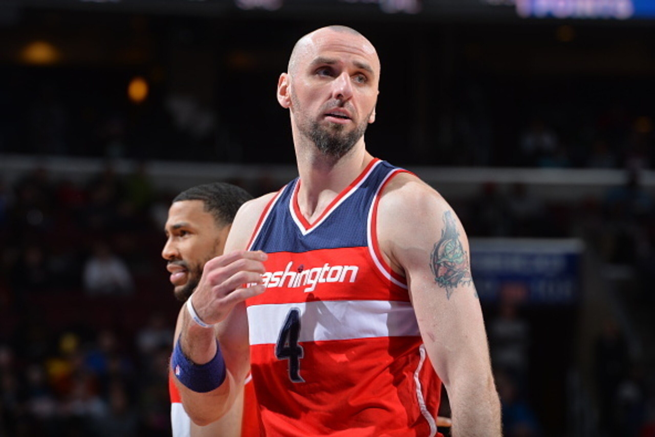 PHILADELPHIA,PA - FEBRUARY 27: Marcin Gortat #4 of the Washington Wizards looks on against the Philadelphia 76ers at Wells Fargo Center on February 27, 2015 in Philadelphia, Pennsylvania NOTE TO USER: User expressly acknowledges and agrees that, by downlo