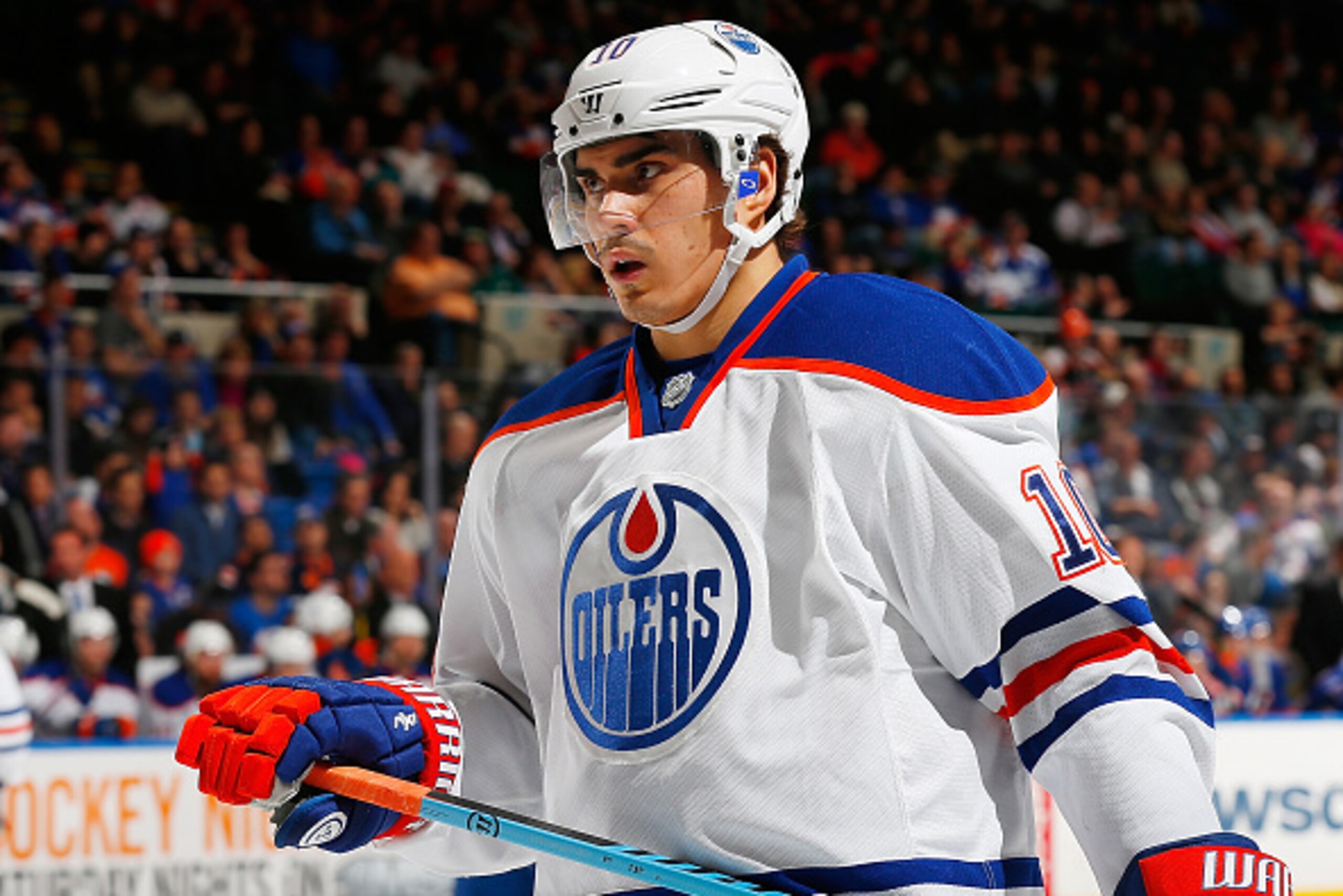 UNIONDALE, NY - FEBRUARY 10:  Nail Yakupov #10 of the Edmonton Oilers skates against the New York Islanders against the Edmonton Oilers at Nassau Veterans Memorial Coliseum on February 10, 2015 in Uniondale, New York. The New York Islanders defeated the E