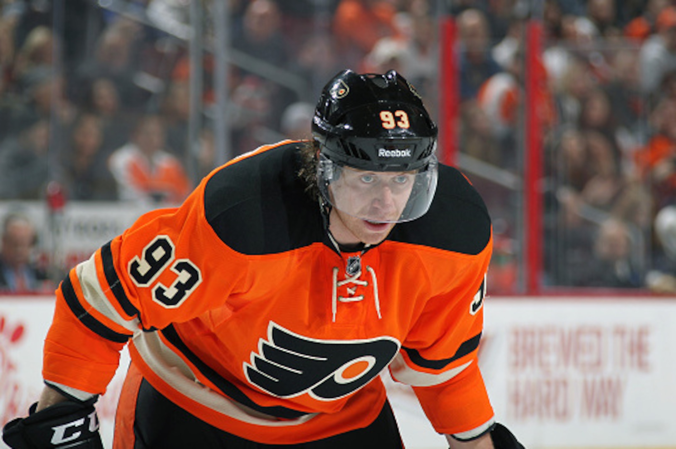 PHILADELPHIA, PA - FEBRUARY 21:  Jakub Voracek #93 of the Philadelphia Flyers looks on against the Nashville Predators on February 21, 2015 at the Wells Fargo Center in Philadelphia, Pennsylvania.  (Photo by Len Redkoles/NHLI via Getty Images)