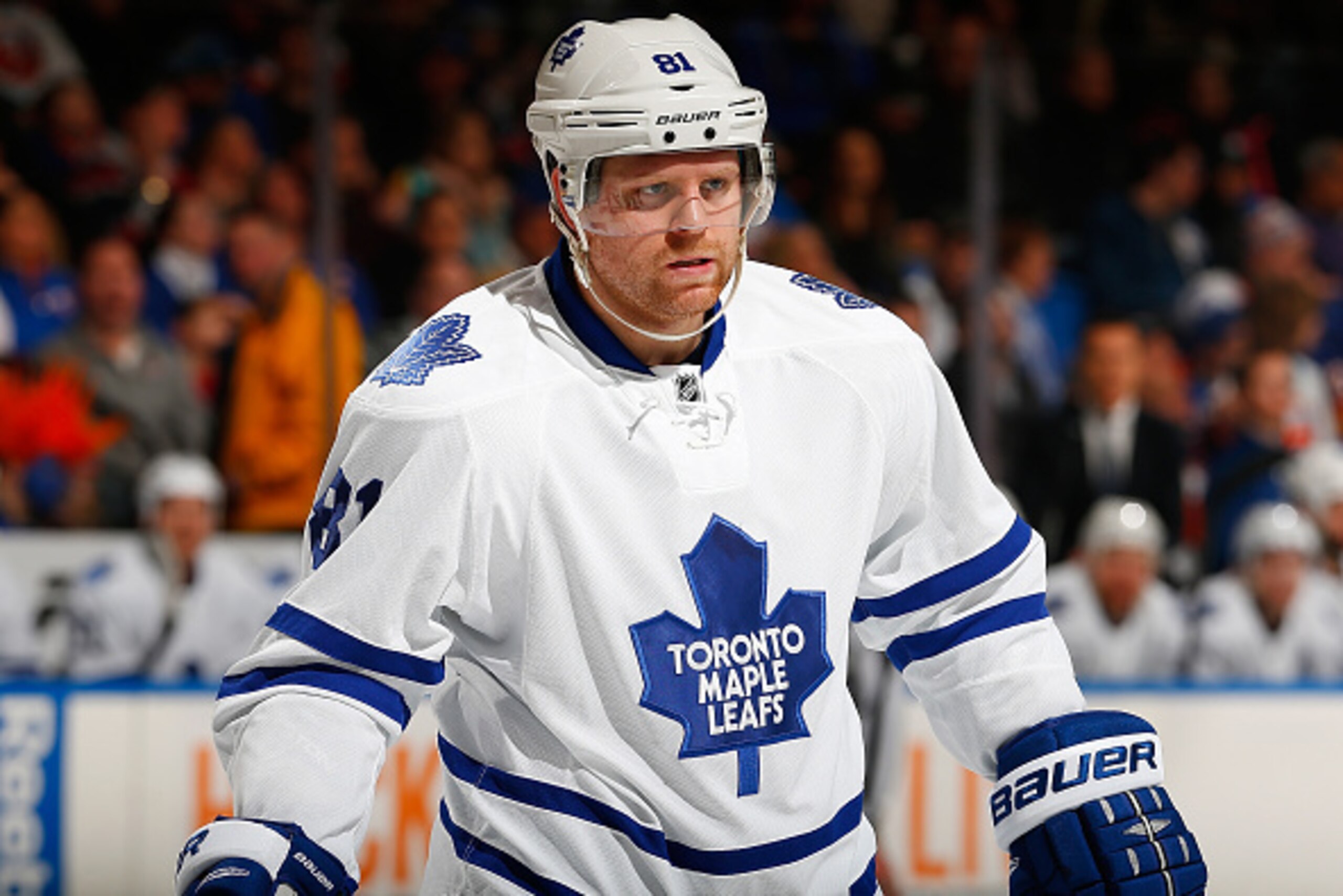 UNIONDALE, NY - FEBRUARY 12:  Phil Kessel #81 of the Toronto Maple Leafs skates against the New York Islanders at Nassau Veterans Memorial Coliseum on February 12, 2015 in Uniondale, New York. The New York Islanders defeated the Toronto Maple Leafs 3-2.  