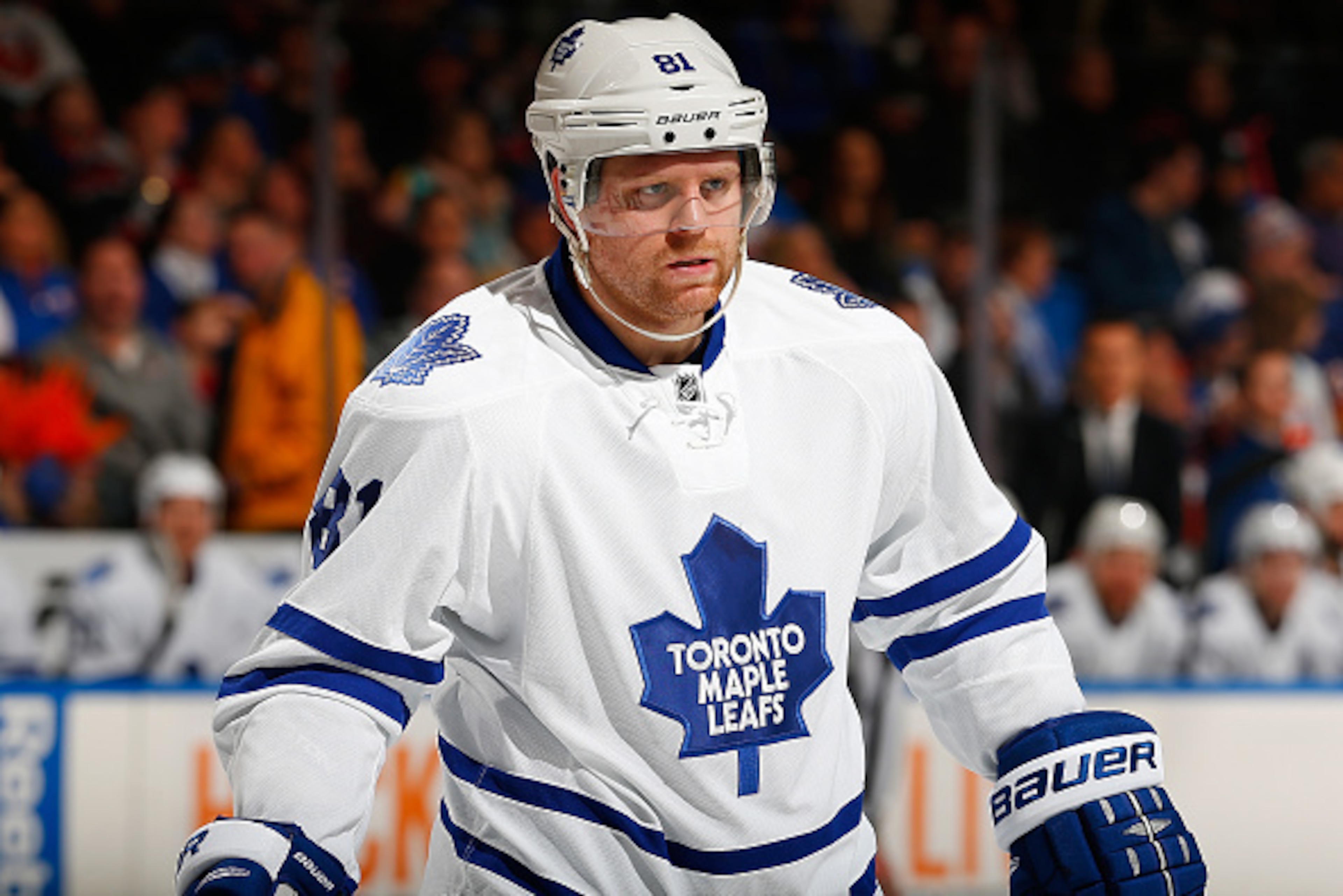 UNIONDALE, NY - FEBRUARY 12:  Phil Kessel #81 of the Toronto Maple Leafs skates against the New York Islanders at Nassau Veterans Memorial Coliseum on February 12, 2015 in Uniondale, New York. The New York Islanders defeated the Toronto Maple Leafs 3-2.  