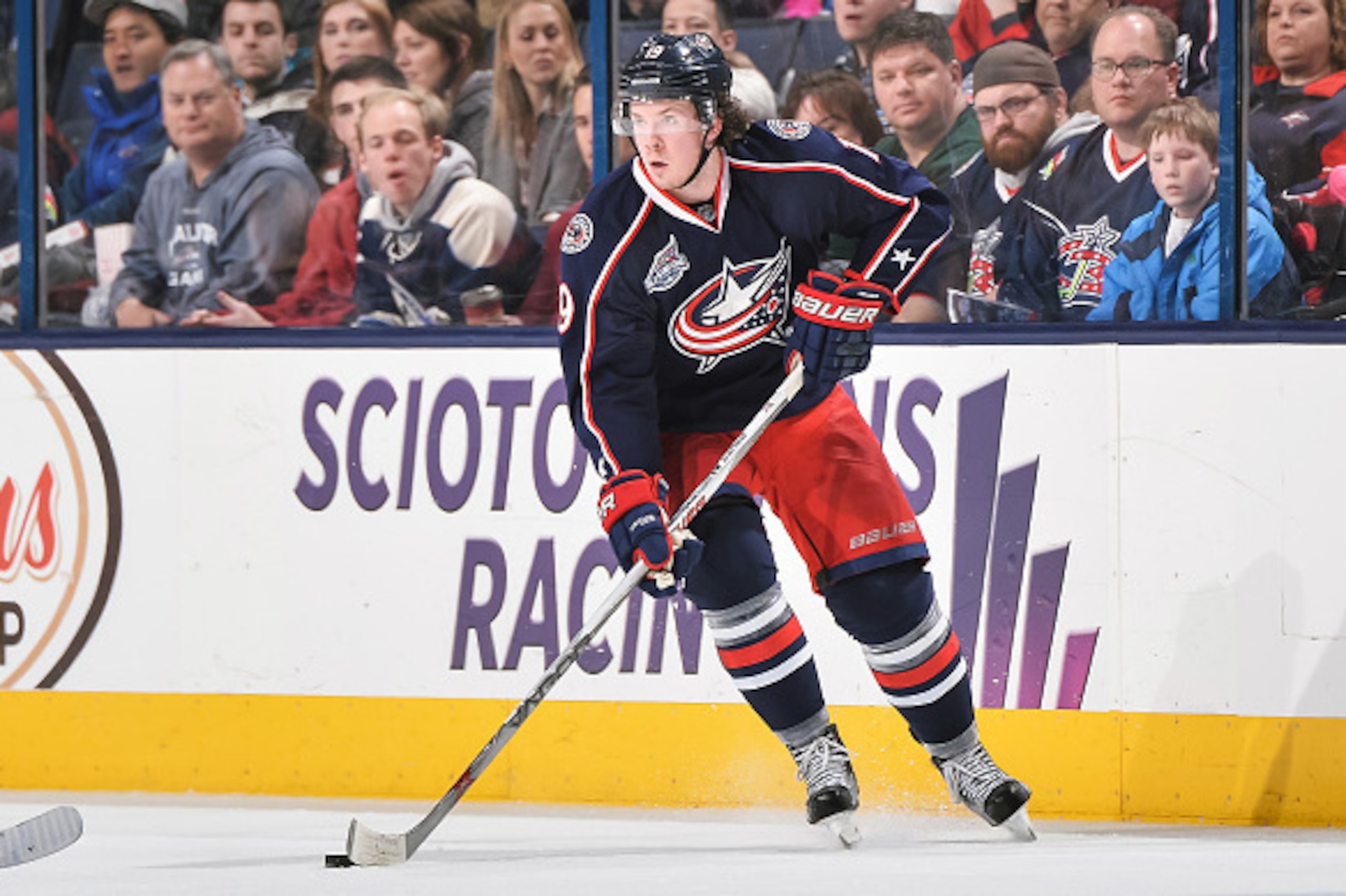 COLUMBUS, OH - FEBRUARY 28:   Ryan Johansen #19 of the Columbus Blue Jackets skates against the New Jersey Devils on February 28, 2015 at Nationwide Arena in Columbus, Ohio.  (Photo by Jamie Sabau/NHLI via Getty Images)