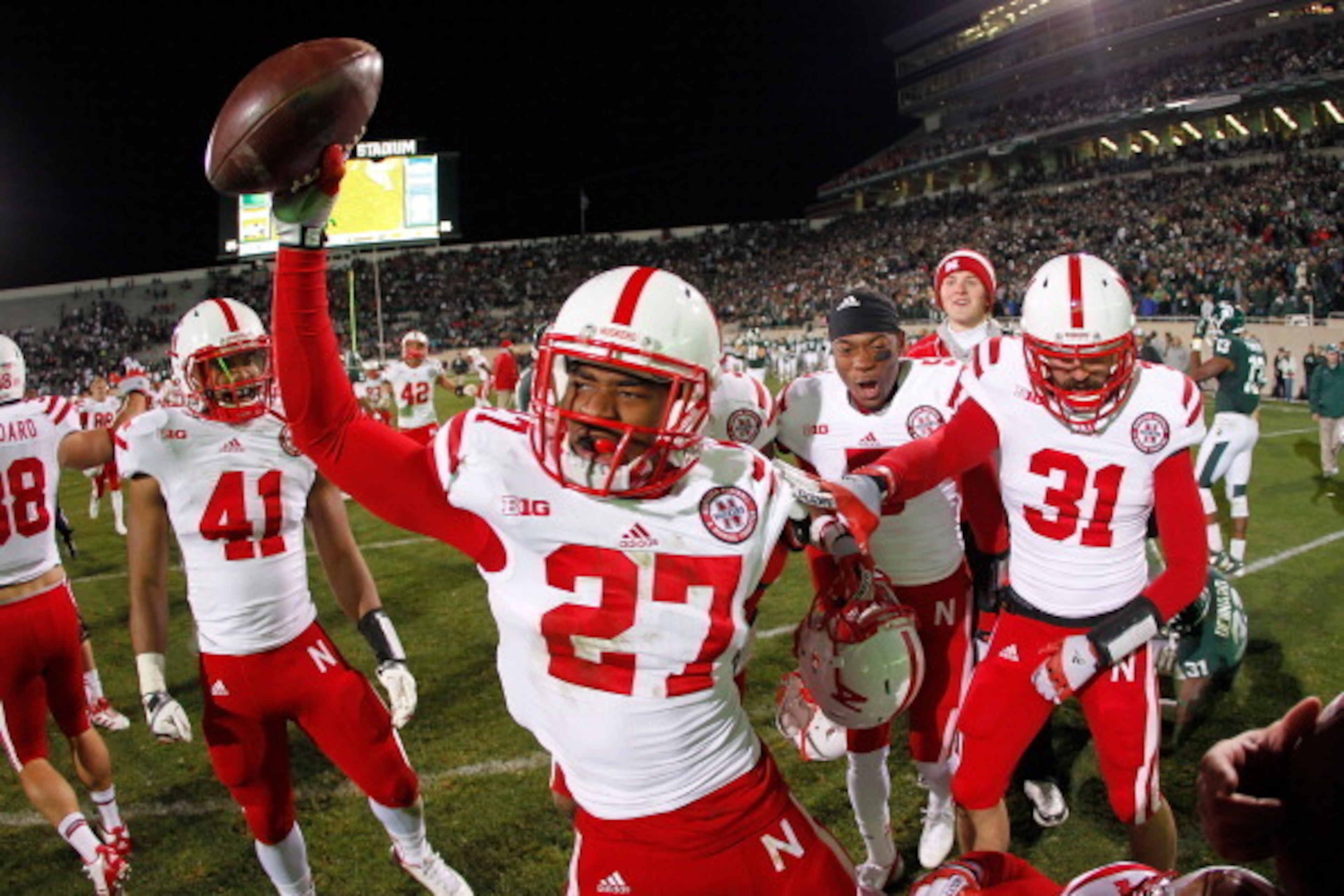 EAST LANSING, MI - NOVEMBER 03:  Charles Jackson #27 of the Nebraska Cornhuskers celebrates a 28-24 win over the Michigan State Spartans as time expires in the fourth quarter at Spartan Stadium Stadium on November 3, 2012 in East Lansing, Michigan. (Photo