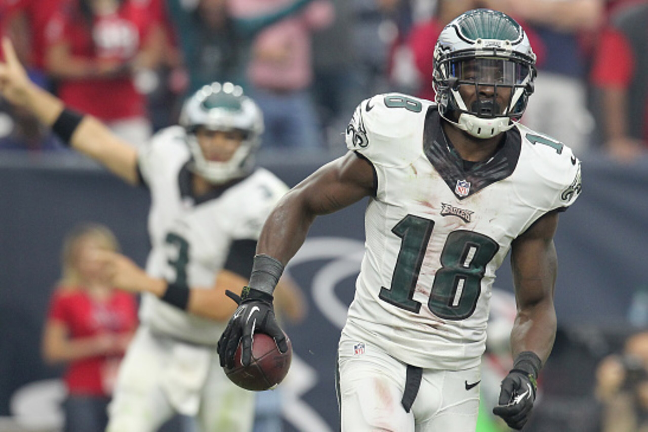 HOUSTON, TX- NOVEMBER 02: Jeremy Maclin #18 of the Philadelphia Eagles celebrates his touchdown reception from Mark Sanchez #3 of the Philadelphia Eagles against the Houston Texans in a NFL game on November 2, 2014 at NRG Stadium in Houston, Texas. Eagles HOUSTON, TX- NOVEMBER 02: Jeremy Maclin #18 of the Philadelphia Eagles celebrates his touchdown reception from Mark Sanchez #3 of the Philadelphia Eagles against the Houston Texans in a NFL game on November 2, 2014 at NRG Stadium in Houston, Texas. Eagles