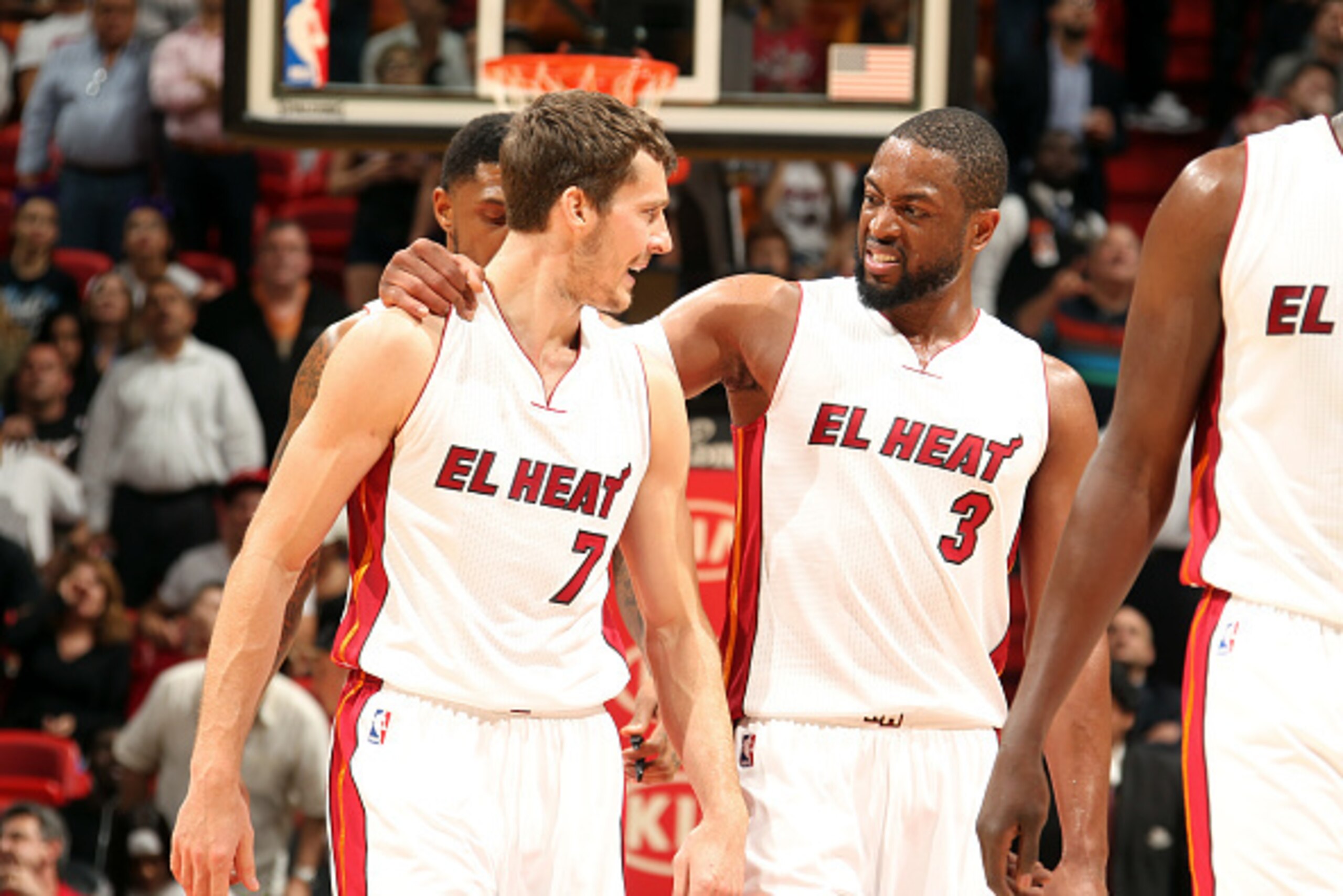 MIAMI, FL - MARCH 2: Goran Dragic #7 and Dwyane Wade #3 of the Miami Heat celebrate during a game against the Phoenix Suns on March 2, 2015 at American Airlines Arena in Miami, Florida. NOTE TO USER: User expressly acknowledges and agrees that, by downlo MIAMI, FL - MARCH 2: Goran Dragic #7 and Dwyane Wade #3 of the Miami Heat celebrate during a game against the Phoenix Suns on March 2, 2015 at American Airlines Arena in Miami, Florida. NOTE TO USER: User expressly acknowledges and agrees that, by downlo