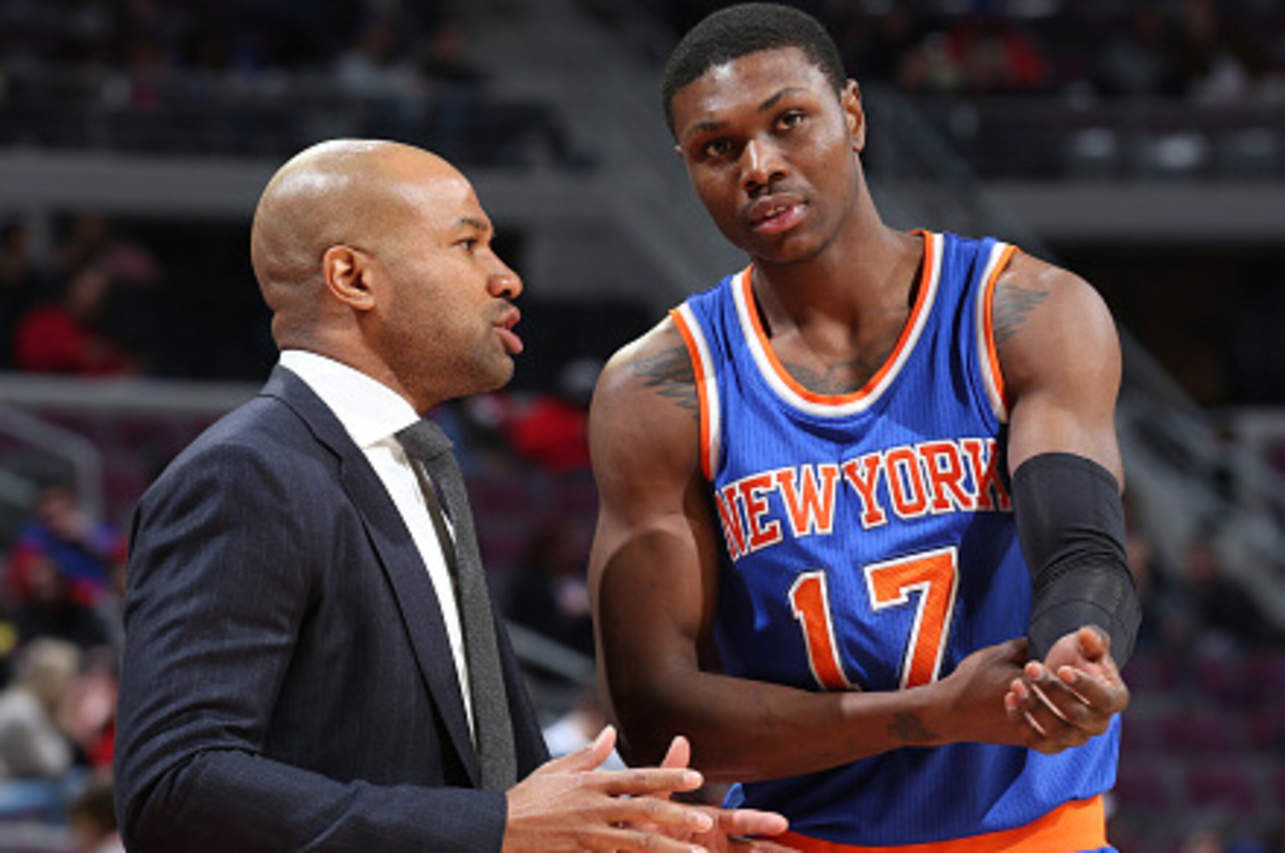 AUBURN HILLS, MI - FEBRUARY 27:  Derek Fisher and Cleanthony Early #17 of the New York Knicks talk during the game against the Detroit Pistons on February 27, 2015 at The Palace of Auburn Hills in Auburn Hills, Michigan. NOTE TO USER: User expressly ackno