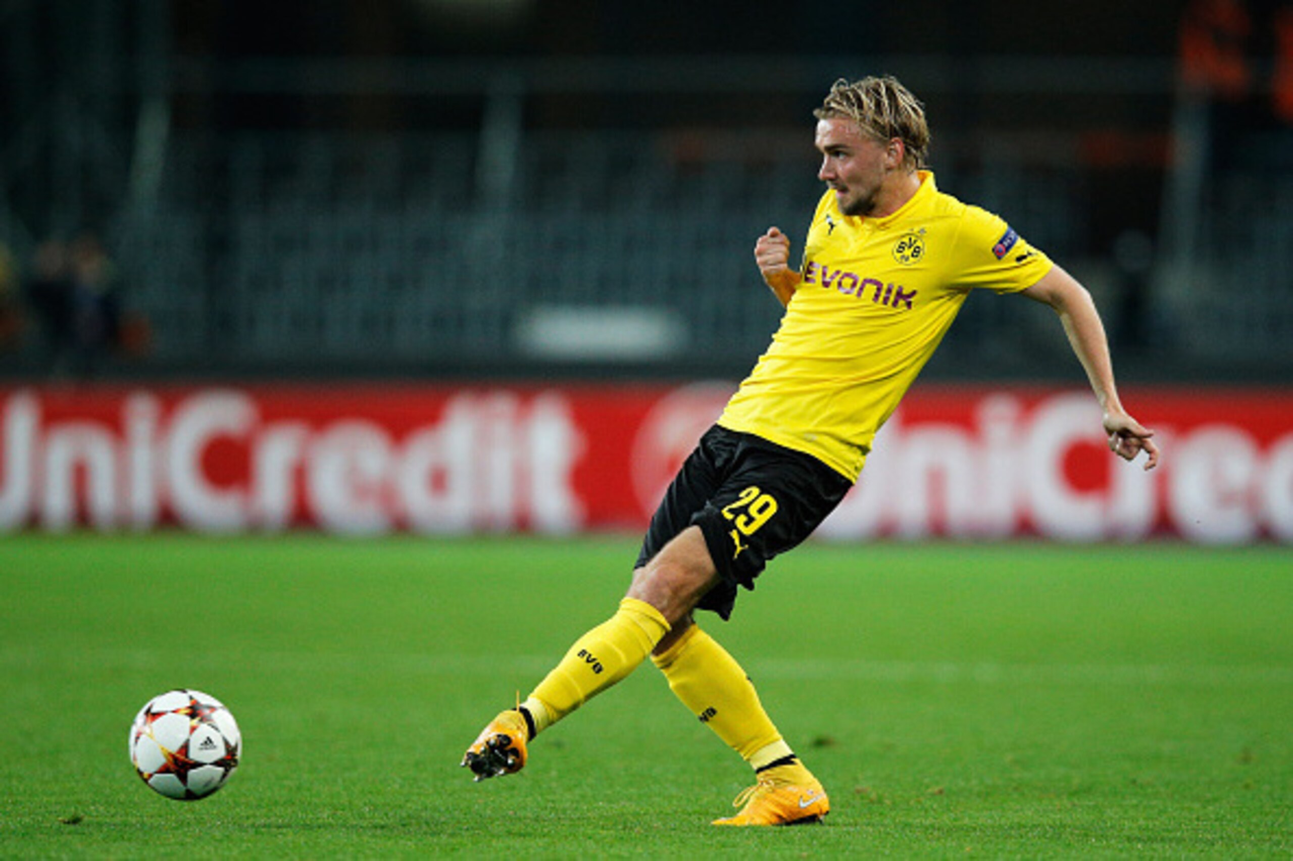 ANDERLECHT, BELGIUM - OCTOBER 01:  Marcel Schmelzer of Borussia Dortmund in action during the Group D UEFA Champions League match between RSC Anderlecht and Borussia Dortmund held at Constant Vanden Stock Stadium on October 1, 2014 in Anderlecht, Belgium.